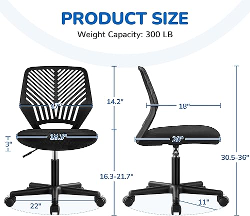 Miniatura 3 de Topeakmart Silla de oficina sin brazos, silla de estudio de computadora giratoria ajustable de malla para espacios pequeños, color negro Negro