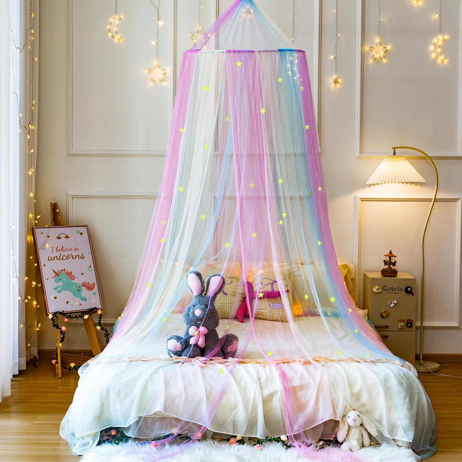 Wnqou Rainbow Bed Canopy for Girls,X-Large Princess Canopy Hanging Netting Bedroom Decor for Girls Mosquito Net for Baby Crib Twin to King Size Bed (Stars-Rainbow)