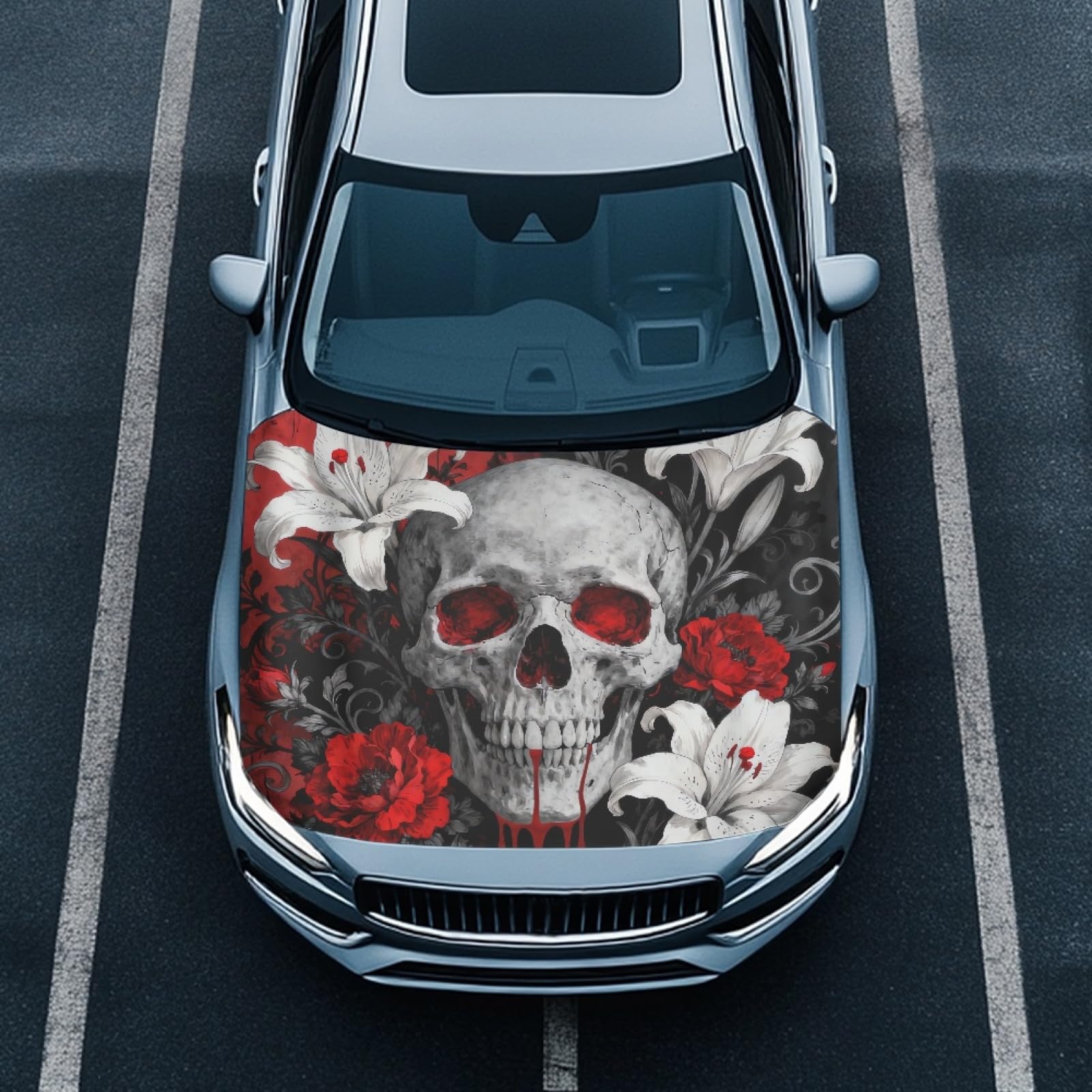 Skull Car Hood Cover, Gothic Iris Bloody Skeleton Washable Elastic Auto Hood Protector Stretchable Polyester Fabric, Flower Skeleton Car Bonnet All-Season Protection