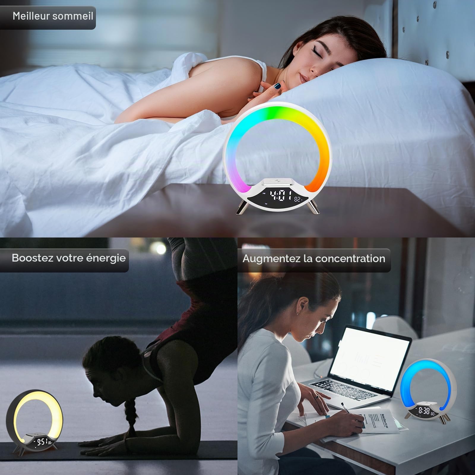 Cuteefun Réveil Lumineux, 15W Chargeur sans FI, Reveil Radio | Reveil Simulateur D'Aube avec Haut-Parleur Bluetooth, Deux Alarmes, Lampe de Chevet Réglable en Plus de 10 Couleurs