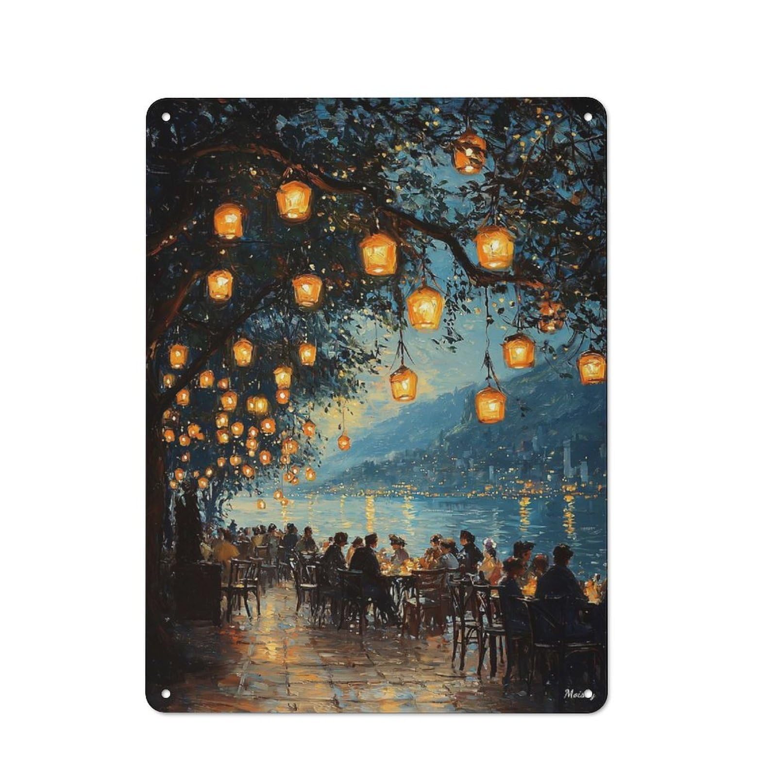 Junmoney Impressionist Inspired Lakeside Lantern Eveni Vintage Vintage Metal Sign 40X30cm Featuring Ng, Restaurant Wall Art For Takeaway, Bar, Kitchen Or Counter Area