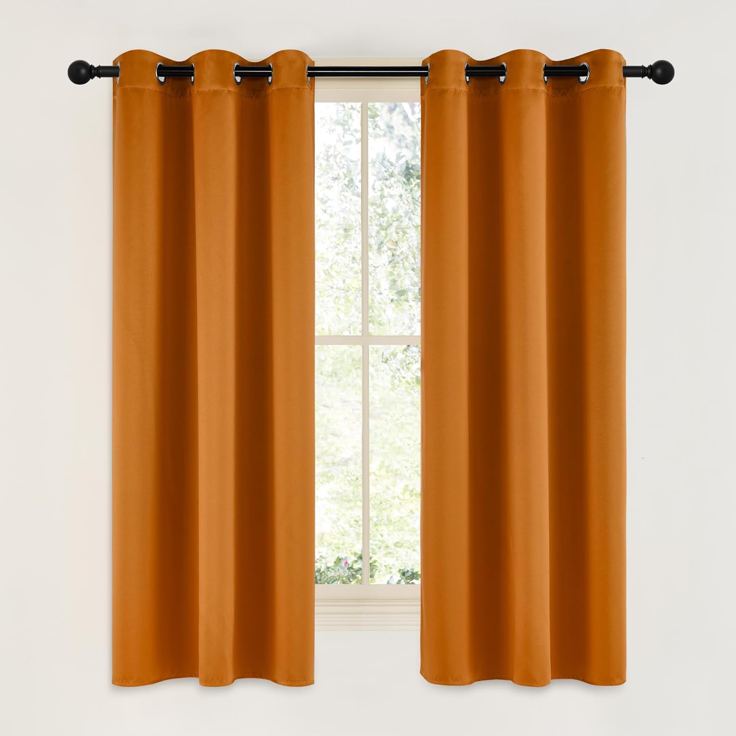 NICETOWN Room Darkening Cafe Satin Curtains for Small Windows, 42" Wide by 63" Long, 2 Panels, Orange, Grommet Privacy Faux Silk Blackout Drapes for Bedroom