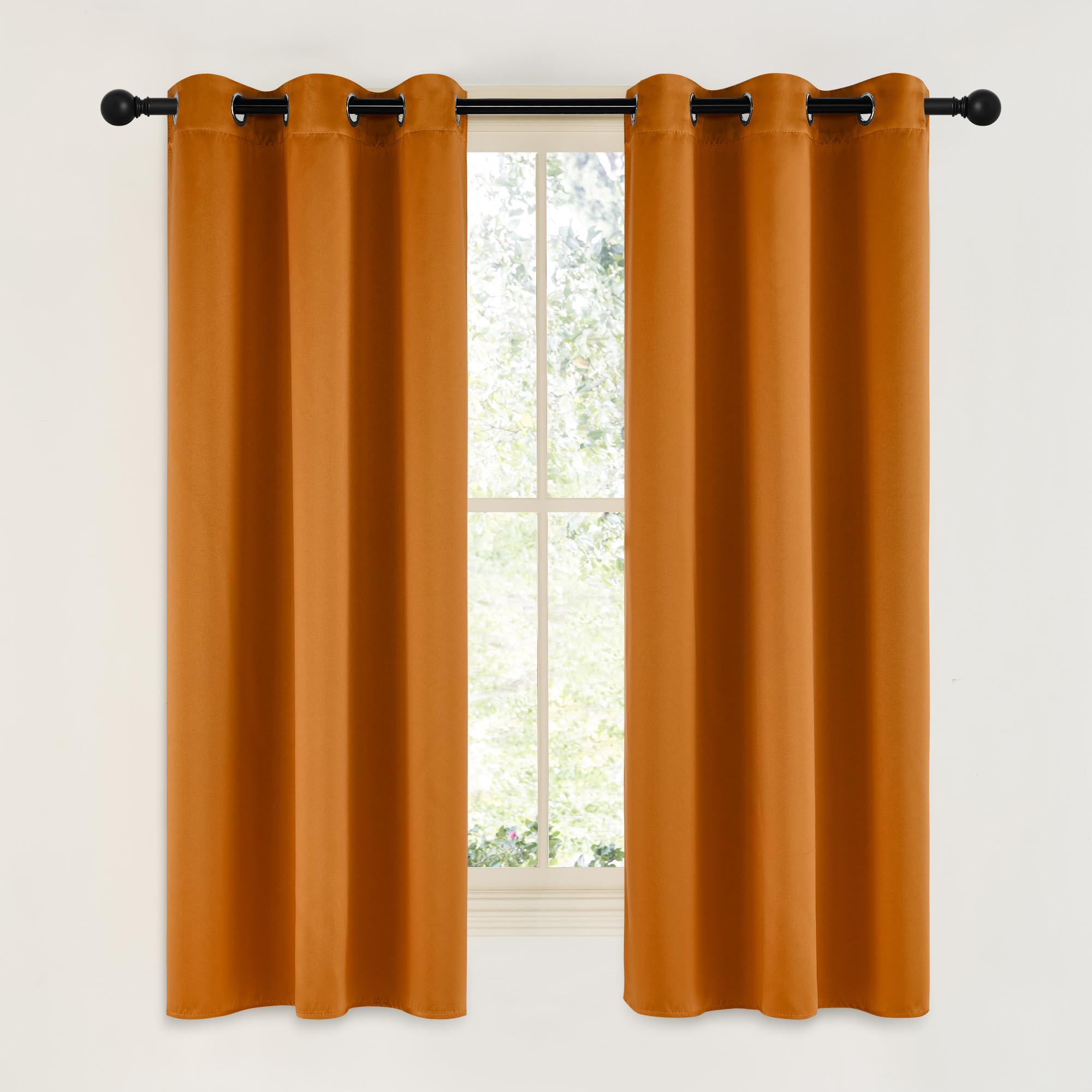 NICETOWN Room Darkening Cafe Satin Curtains for Small Windows, 42" Wide by 63" Long, 2 Panels, Orange, Grommet Privacy Faux Silk Blackout Drapes for Bedroom