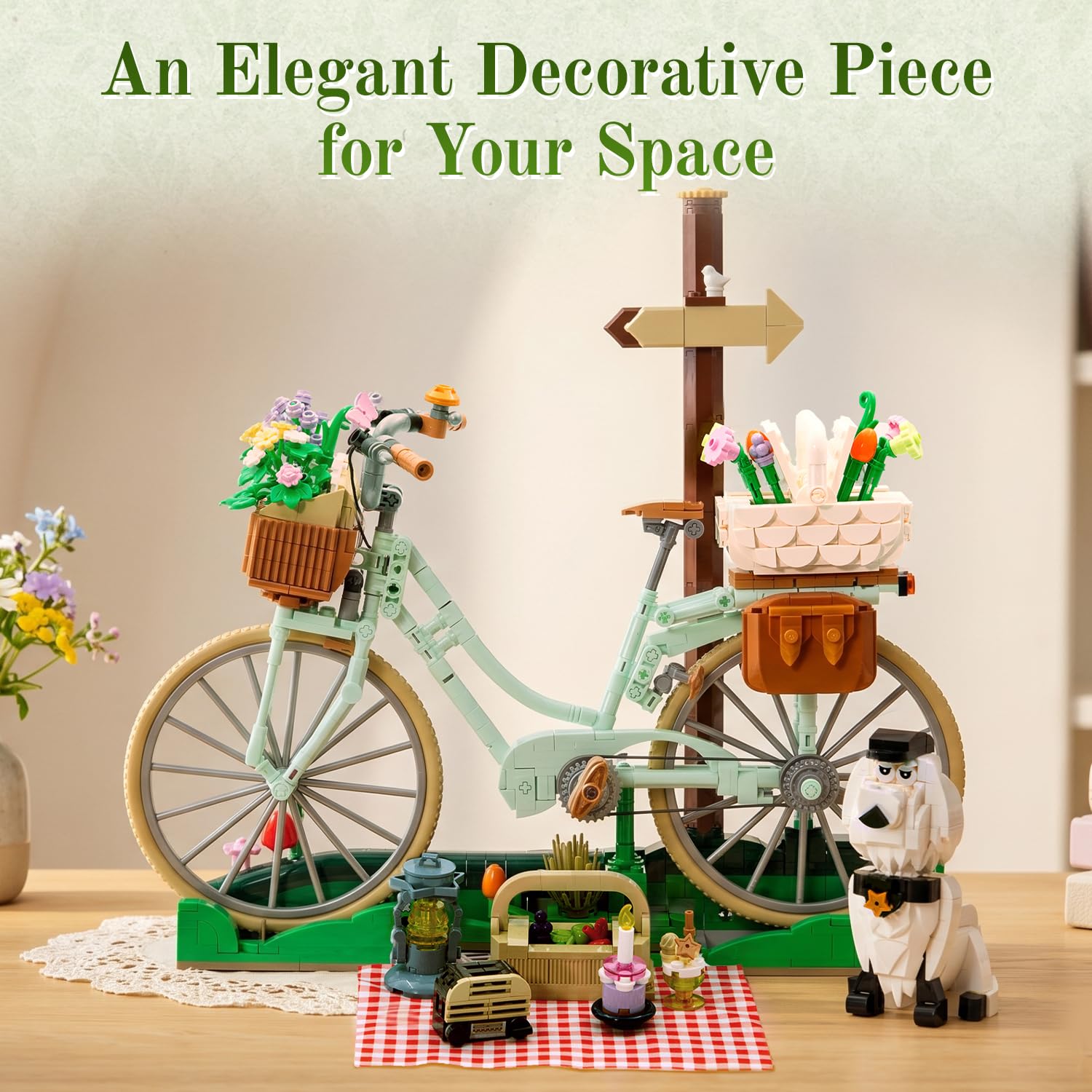 PANTASY Juego de bloques de sujeción para bicicleta, diseño vintage | Juego de construcción de bicicleta para adultos, diseño vintage con cestas de flores, escena de picnic, cachorro, regalo
