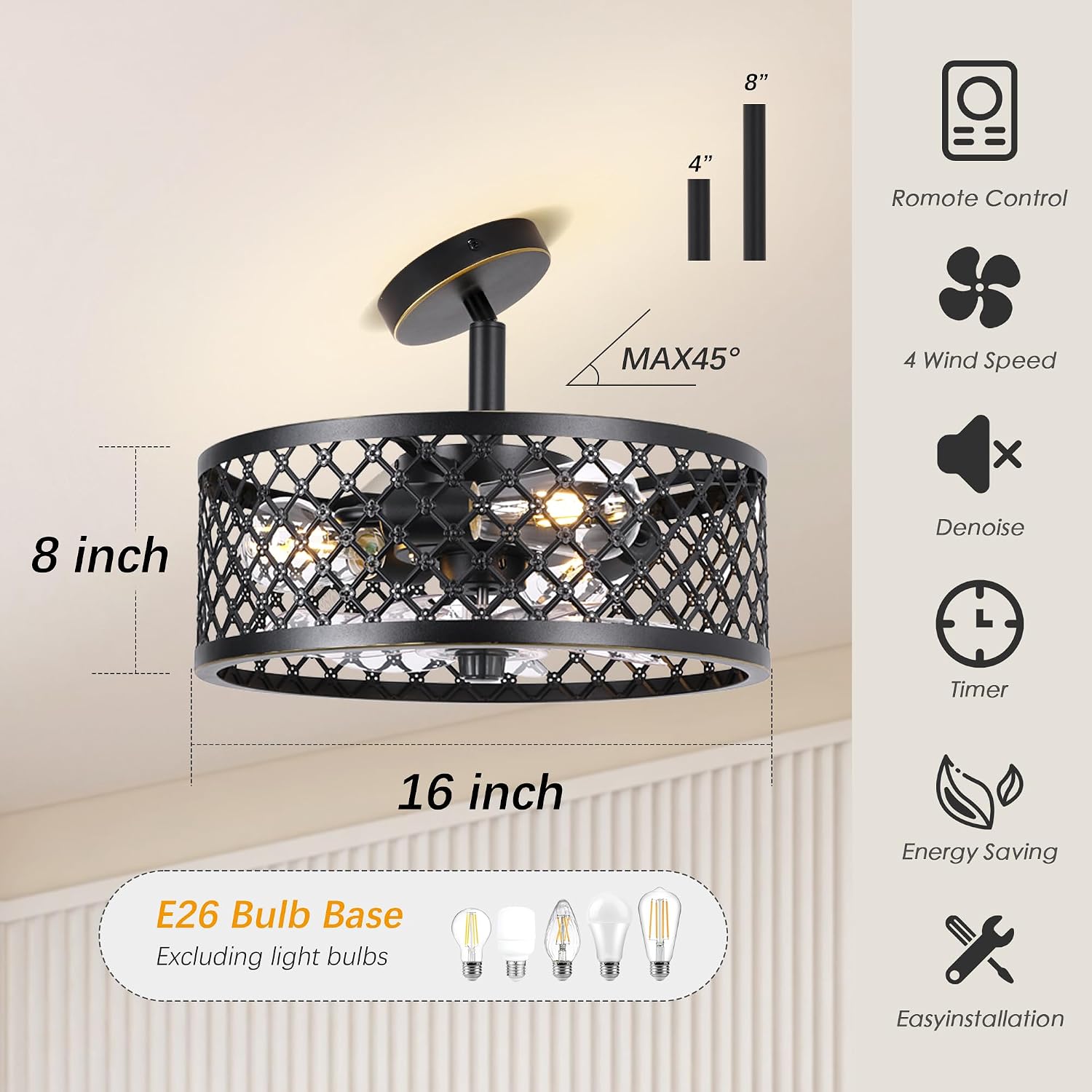 She's home 15in Black Caged Ceiling Fans with Lights, Modern Industrial Ceiling Fan with Remote Control, Semi Flush Mount Ceiling Fan for Kitchen, Bedroom