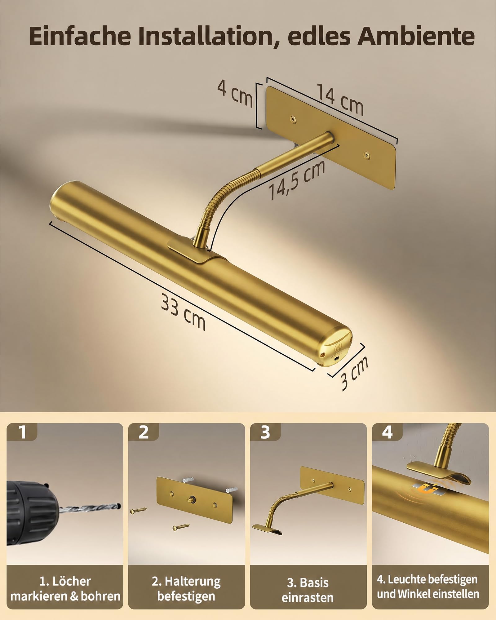 EZVALO Bilderleuchte Kabellos, 33 cm LED Bildbeleuchtung mit 4000mAh wiederaufladbarem Akku, Fernbedienung, Dimmbar, 3 Farbtemperaturen, Wandlampe für Bilder und Gemälde