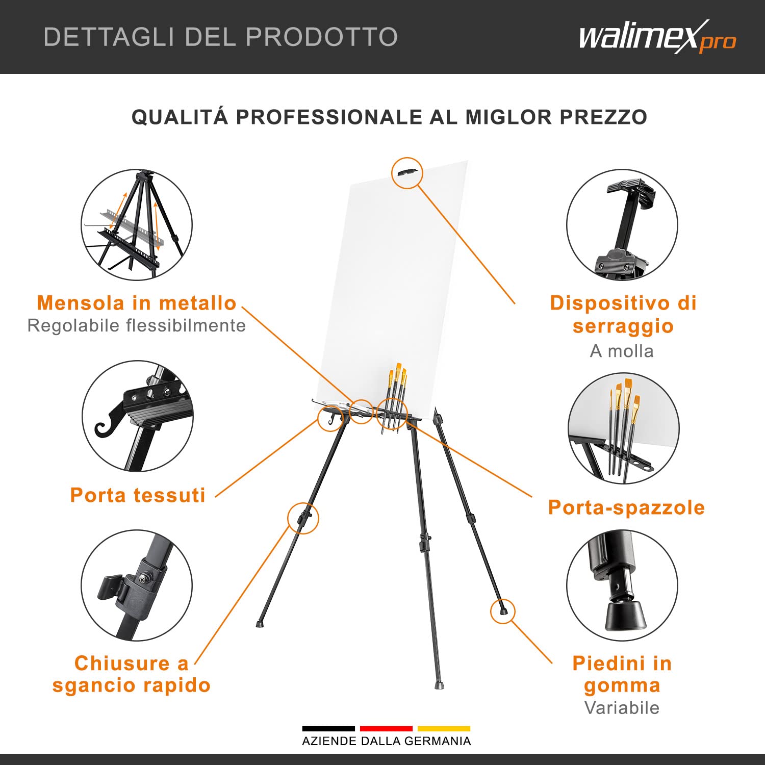 Walimex pro easel XL 60-180cm, alluminio I ideale come cavalletto da studio, da tavolo e da campo I per tele fino a HxD: 140x4cm, fino a 6kg I vassoio e supporto per colori e pennelli, con borsa