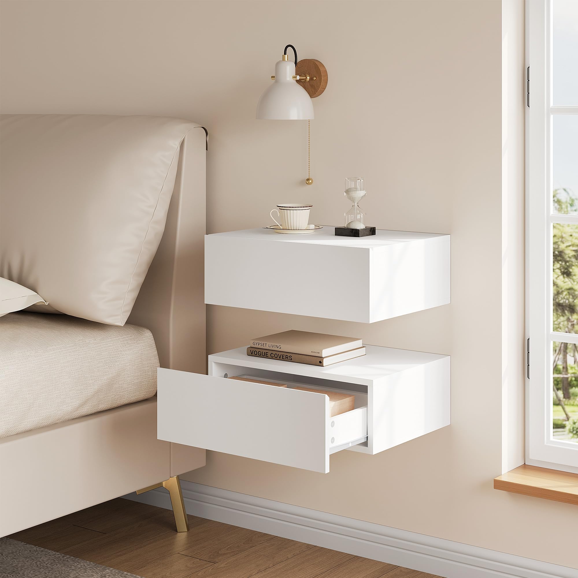 WOLTU Lot de 2 Table de Chevet Suspendue avec Tiroir, Blanc | Table de Chevet Murale, 40x30x14 cm, Moderne, en Bois