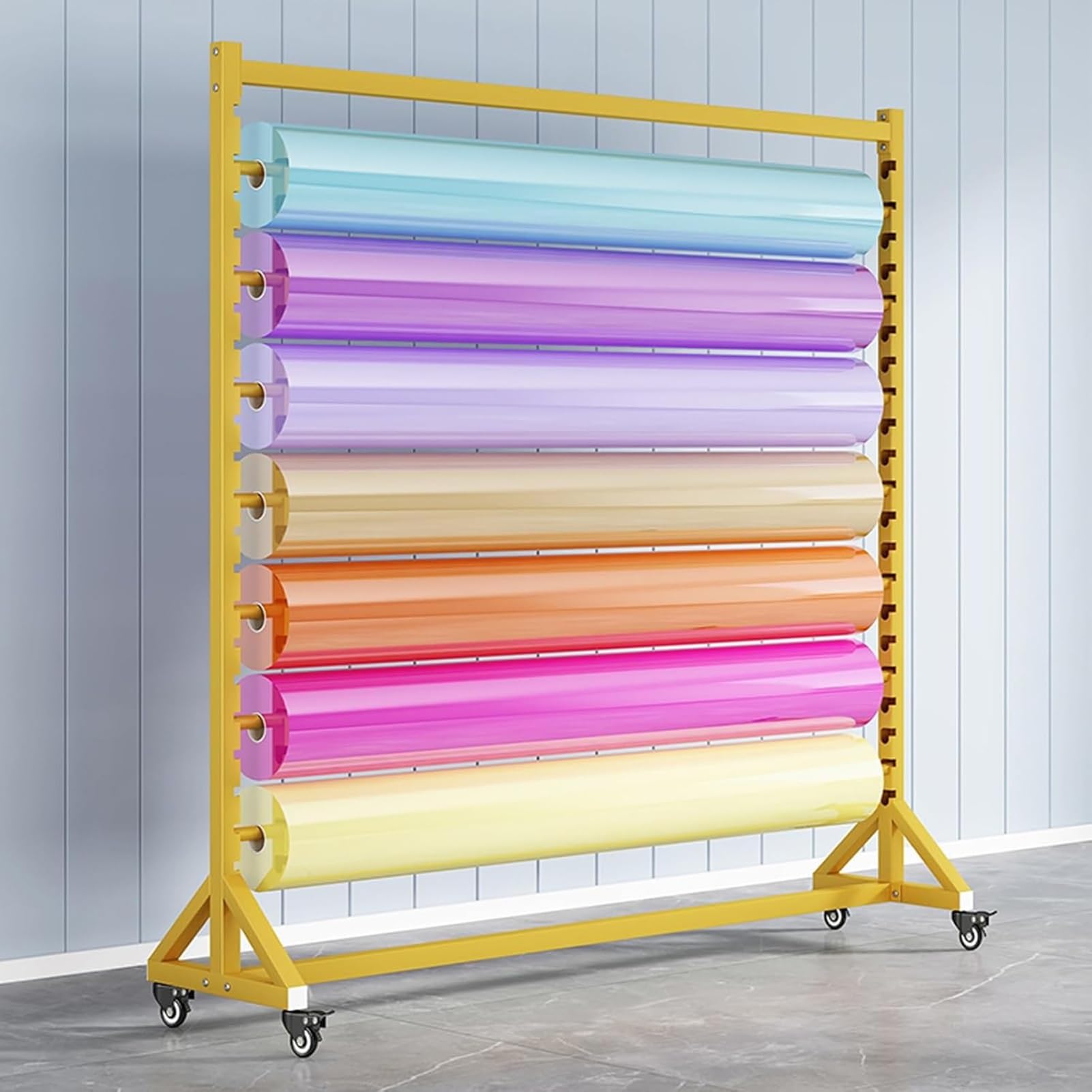 Heavy Duty Vinyl Wrap Storage Rack, regulowany mobilny organizer do rolek z tkaniny. 150x45x200cm stalowa półka z kółkami 360 obrotowych, łatwy montaż, konstrukcja oszczędzania miejsca