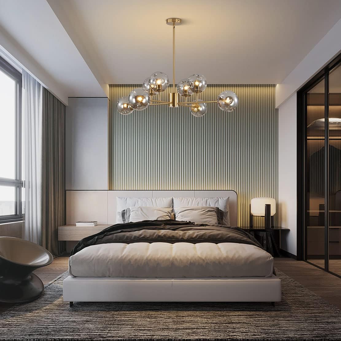 BOKT Mid Century Brushed Brass Chandelier Modern 8-Lights Gold Globe Sputnik Chandelier Unique Smoke Gray Glass Ball Chandelier Pendant Light Gold Large Flush Mount Ceiling Light