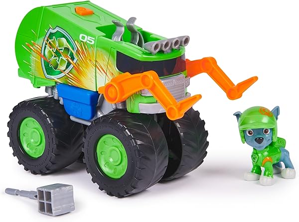 Paw Patrol Patrulla Canina - Pack Figura Rocky Rescue Wheels y Camión Reciclaje Lanza Proyectiles - Patrulla Canina Juguetes - Juguetes Niños 3 años + - Regalo Niño 3 años + - 1