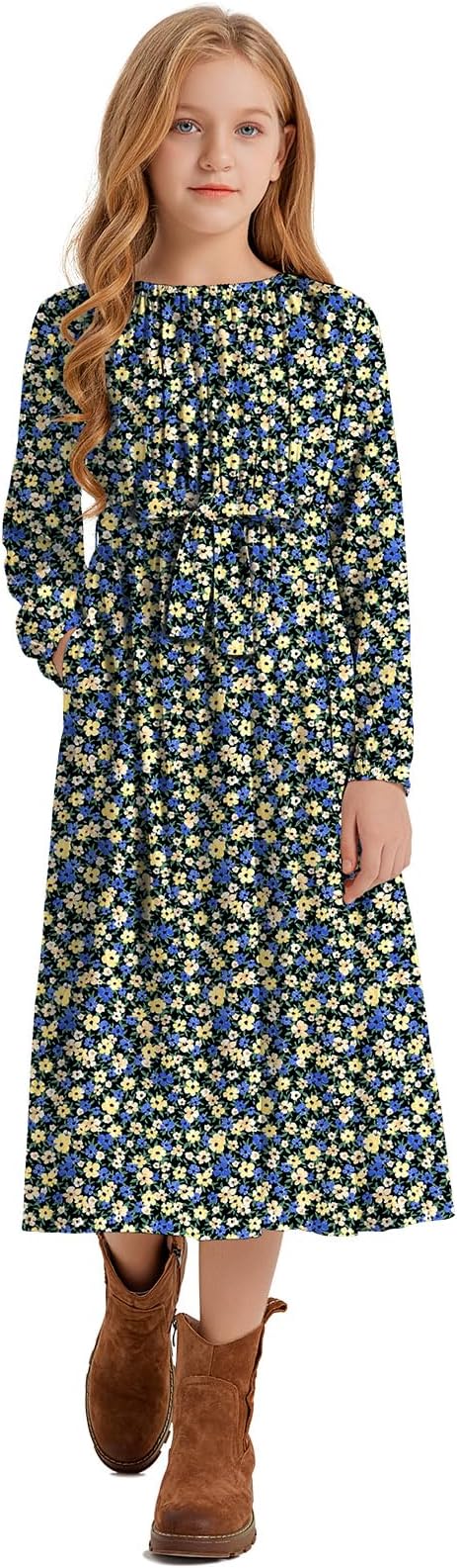 LaBeca Girls Casual Elastic Crew Neck Floral Printed Solid Color A-line Swing High Waist Midi Belted Dress with Pocket