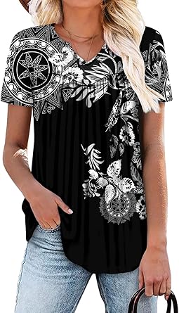 KISSMODA Tops for Womens Summer Cute Short Sleeve Shirts Trendy Notched Neck Blouses Casual Loose Pleated Tunics S-3Xl