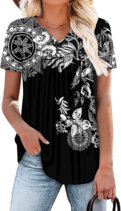 KISSMODA Tops for Womens Summer Cute Short Sleeve Shirts Trendy Notched Neck Blouses Casual Loose Pleated Tunics S-3Xl