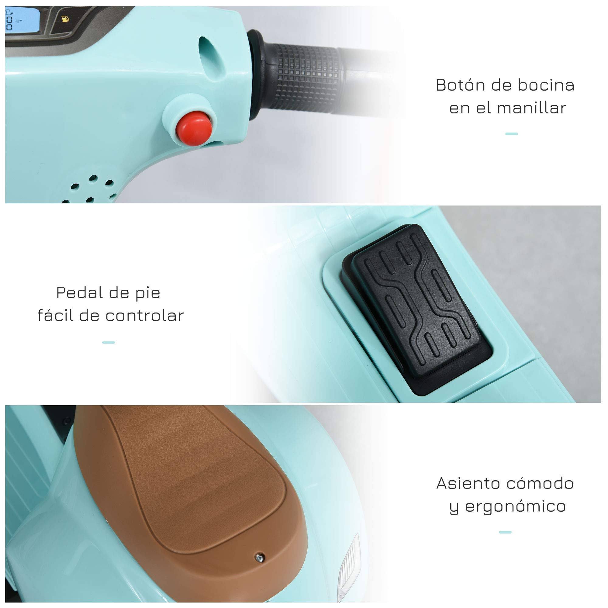 HOMCOM Moto Eléctrica Vespa para Niños de 18-36 Meses Moto de Batería 6V con Faro Bocina y 4 Ruedas Motocicleta Infantil con Licencia 66,5x38x52 cm Verde