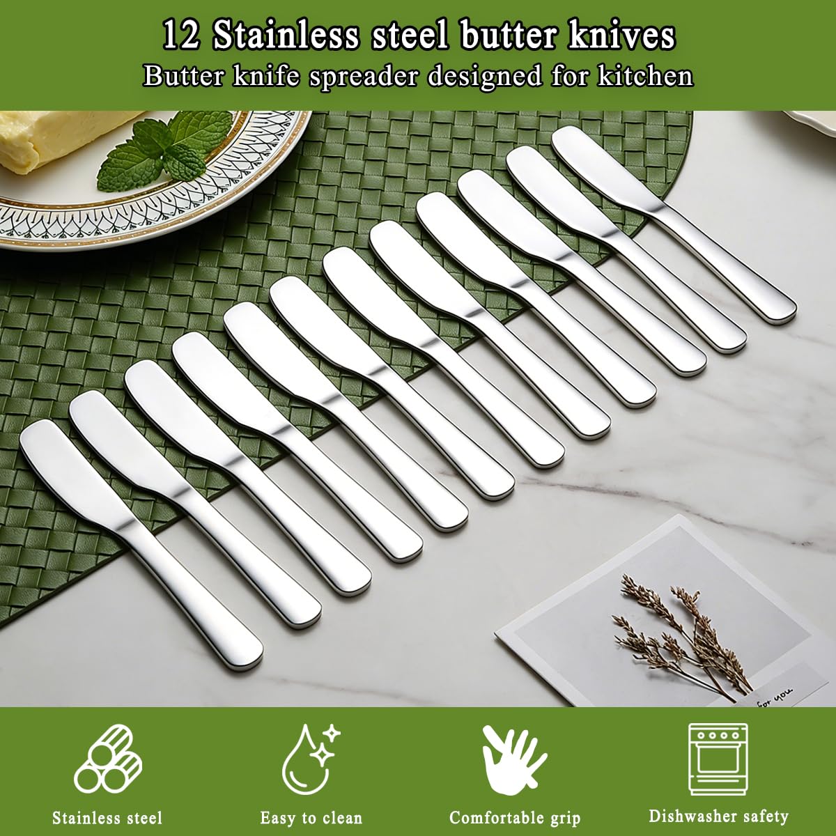 HOMQUEN Cuchillo de mantequilla de acero inoxidable, esparcidor de mantequilla multifuncional, perfecto para cocina, restaurante y fiestas, práctico utensilio de cocina, juego de 12 piezas