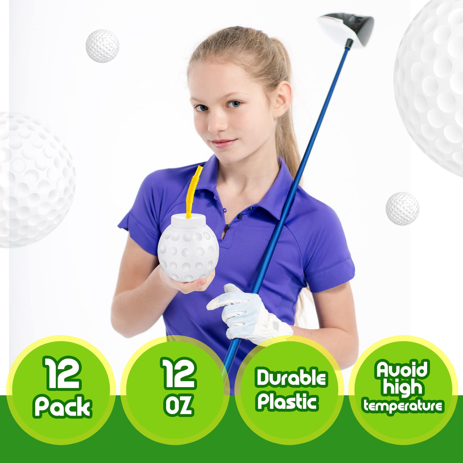 12 oz Golf Ball Cups with Straws and Lids Ball Shape Cups Golf Party Decorations Plastic Reusable Golf Cup 12 oz Golf Drinking Cup for Sports Birthday Competition Golf Party Supplies (12 Pieces)