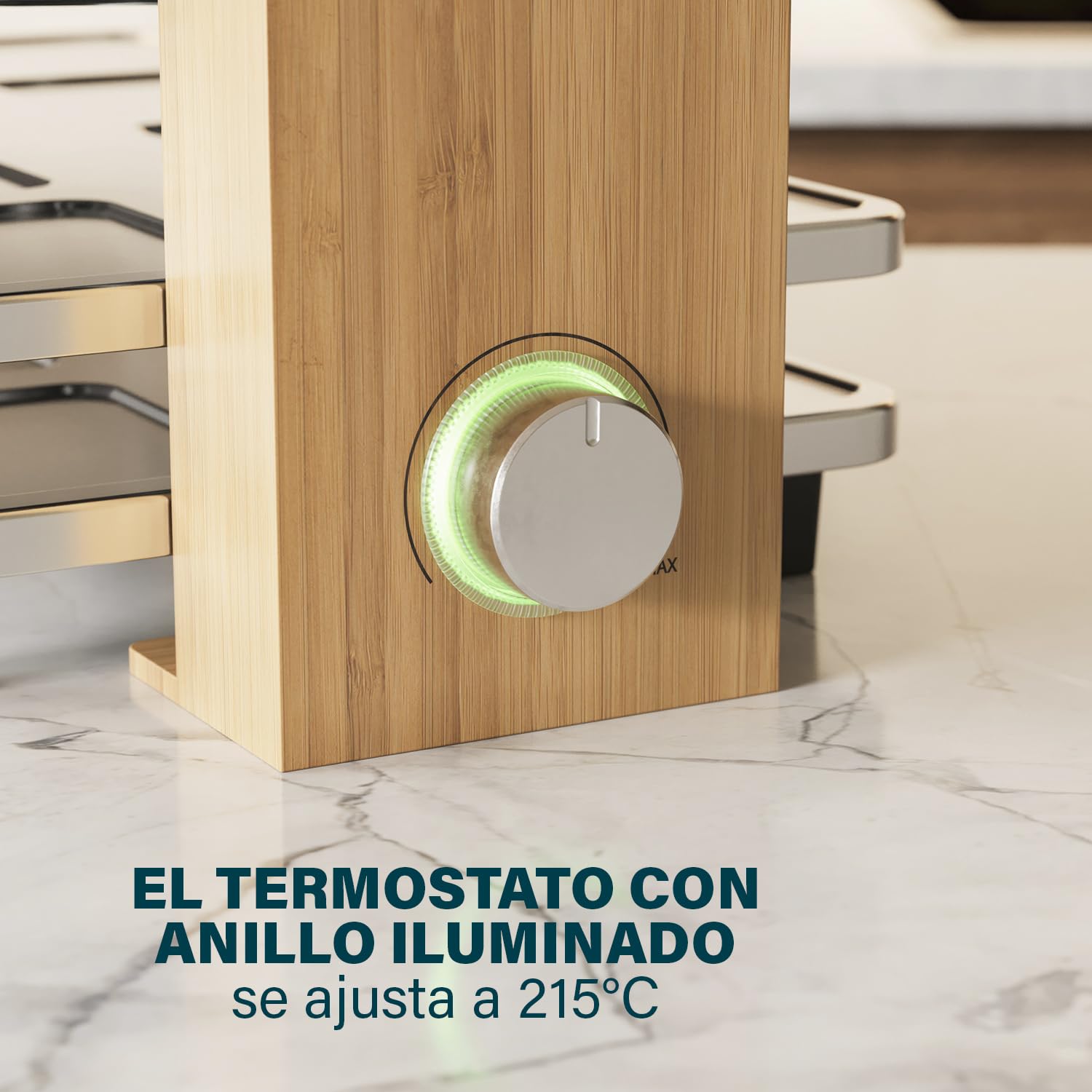 Princess Raclette 162950 Pure para 4 personas, Parrilla reversible (plancha and parrilla), 21 x 23 cm, Acabado en bambú, revestimiento antiadherente de alta calidad, 800 W