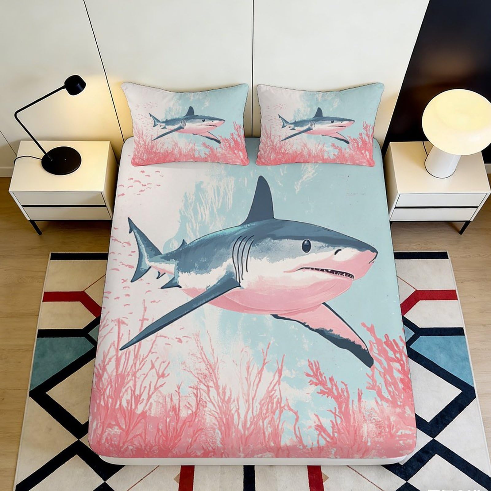 Kzqjxnhpcr Style-2 3D Printed Shark Fitted Sheet Microfiber Deep Pocket Non-Slip Bedroom Bedding Shark Mattress Fitted Cover Washable For Adults Teens 90X200x25cm 90X200x25cm