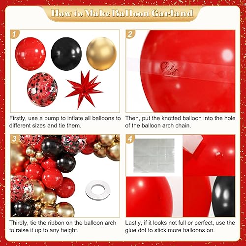Miniatura 5 de Kit de arco de guirnalda de globos dorados rojos y negros, 140 globos de confeti de oro metálico rojo y negro con estrellas para cumpleaños, boda,