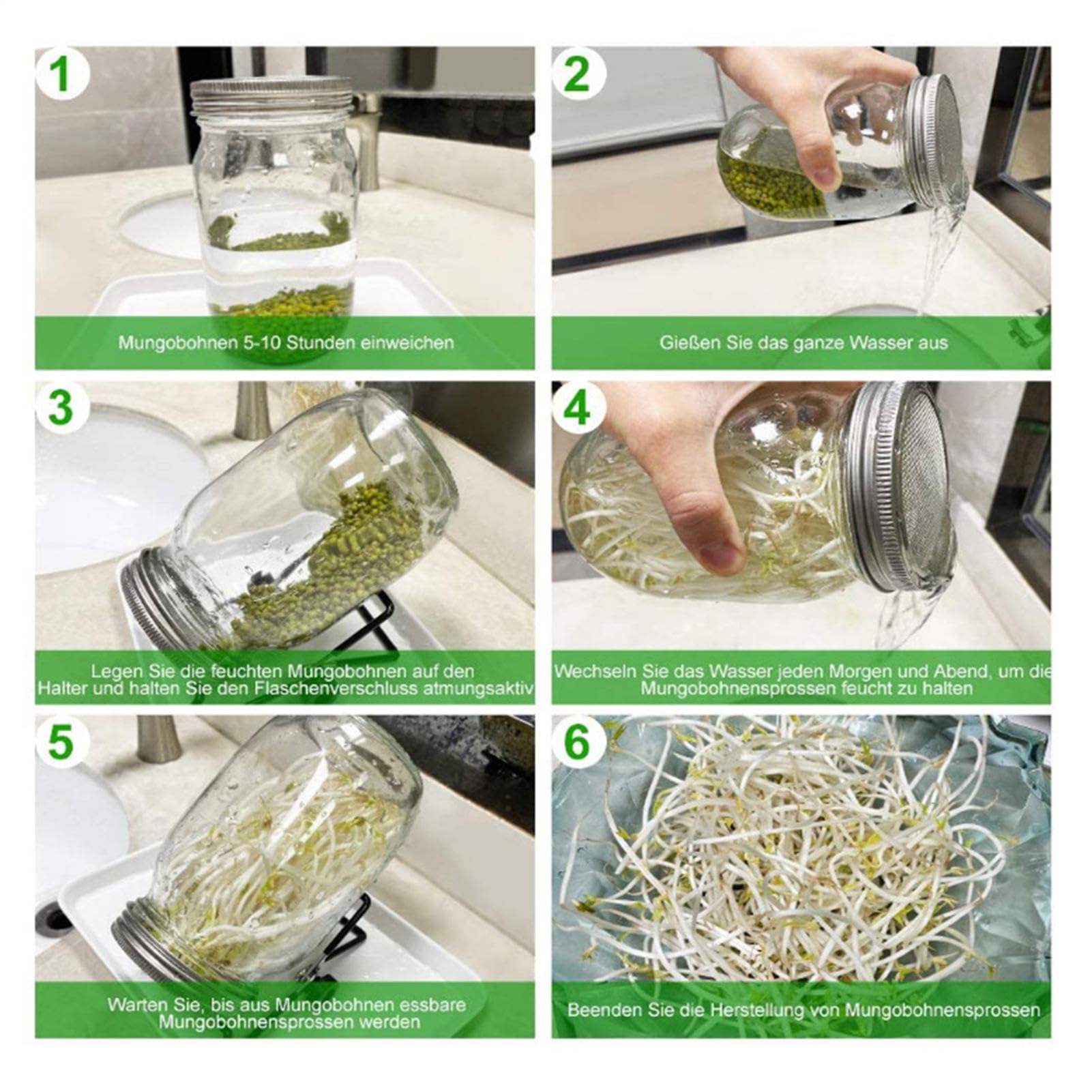 Couvercles de germination en verre | Lot de 2 pots en verre germé de 950 | ml | Kit de germination en verre Jasr avec opaque pour cultiver du brocoli, de la luzerne et des haricots mungo ( non