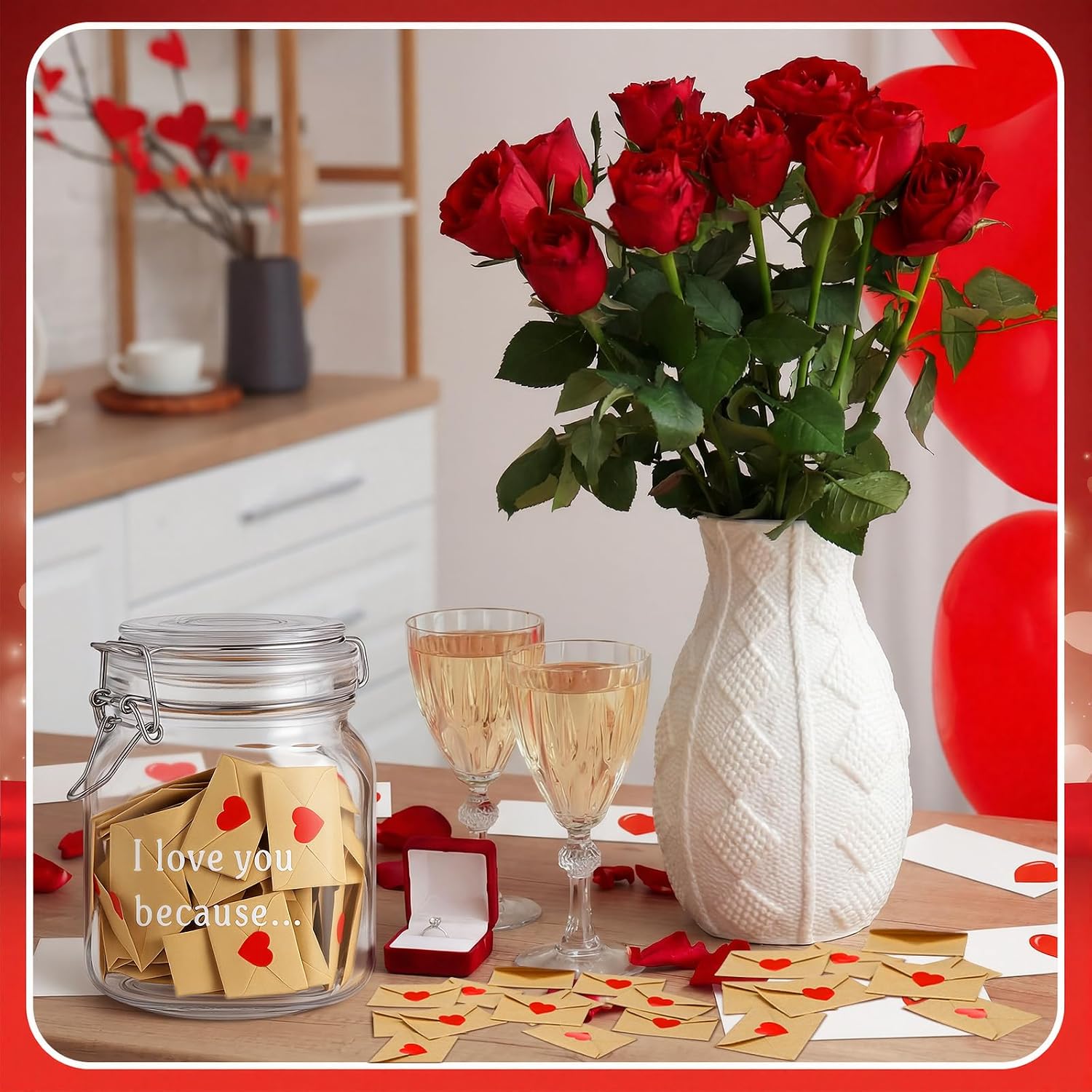 Feifeiya Love Notes Jar I Love You Because Jar 100 Set Mini Notes Cards Envelopes Couple Gifts for Boyfriend Girlfriend Wife Husband Him Her Newlywed Gifts Graduation Wedding Anniversary Birthday