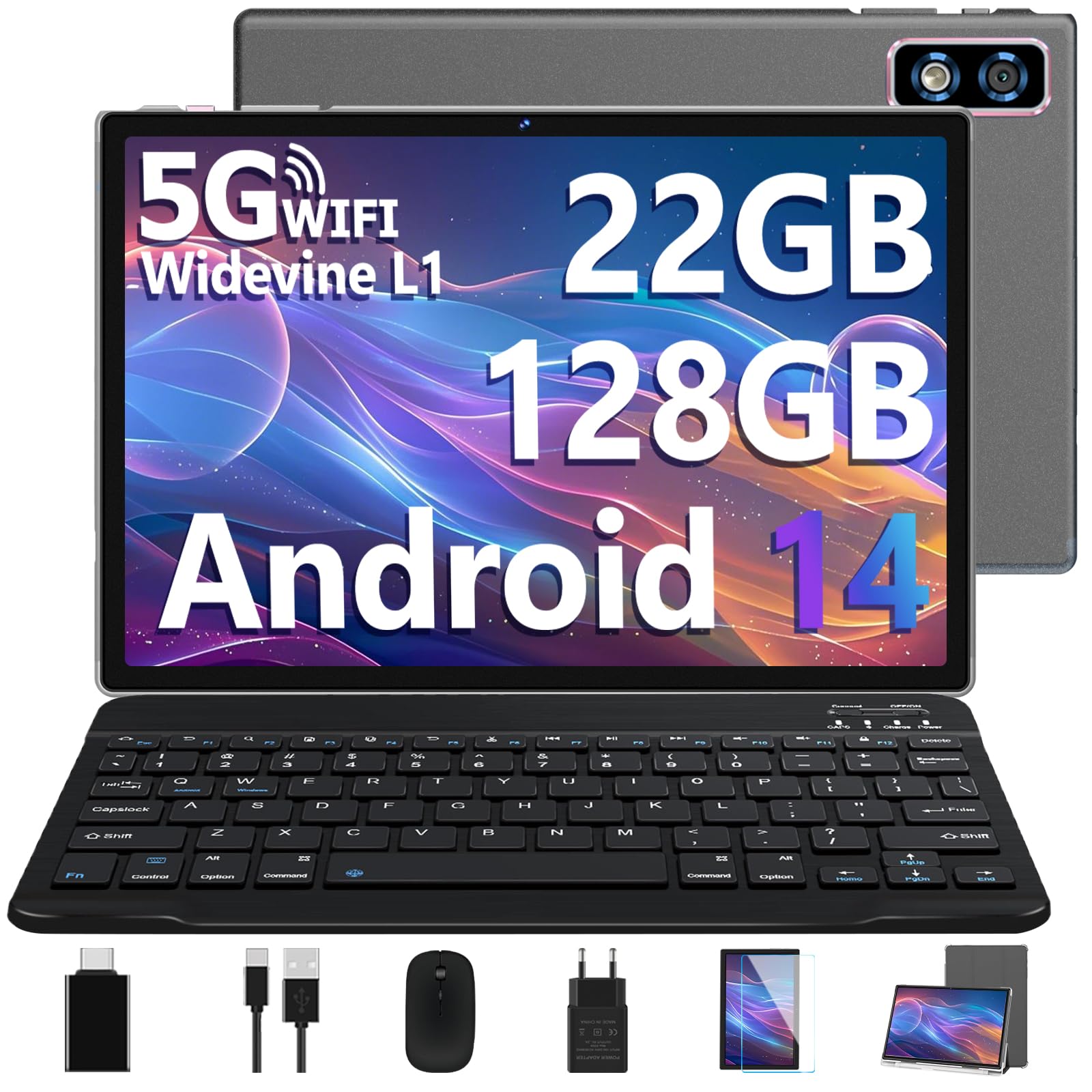2025 Newest Tablet 10 Pollici Android 14 OS 22GB RAM+128GB ROM(TF 1TB), Octa Core 2.0Ghz /5G+2.4G WiFi/GMS/8000mAh/Bluetooth 5.0/Widevine L1/8MP+5MP/GPS/Tablet 2 in 1 con Tastiera e Mouse - Grigio