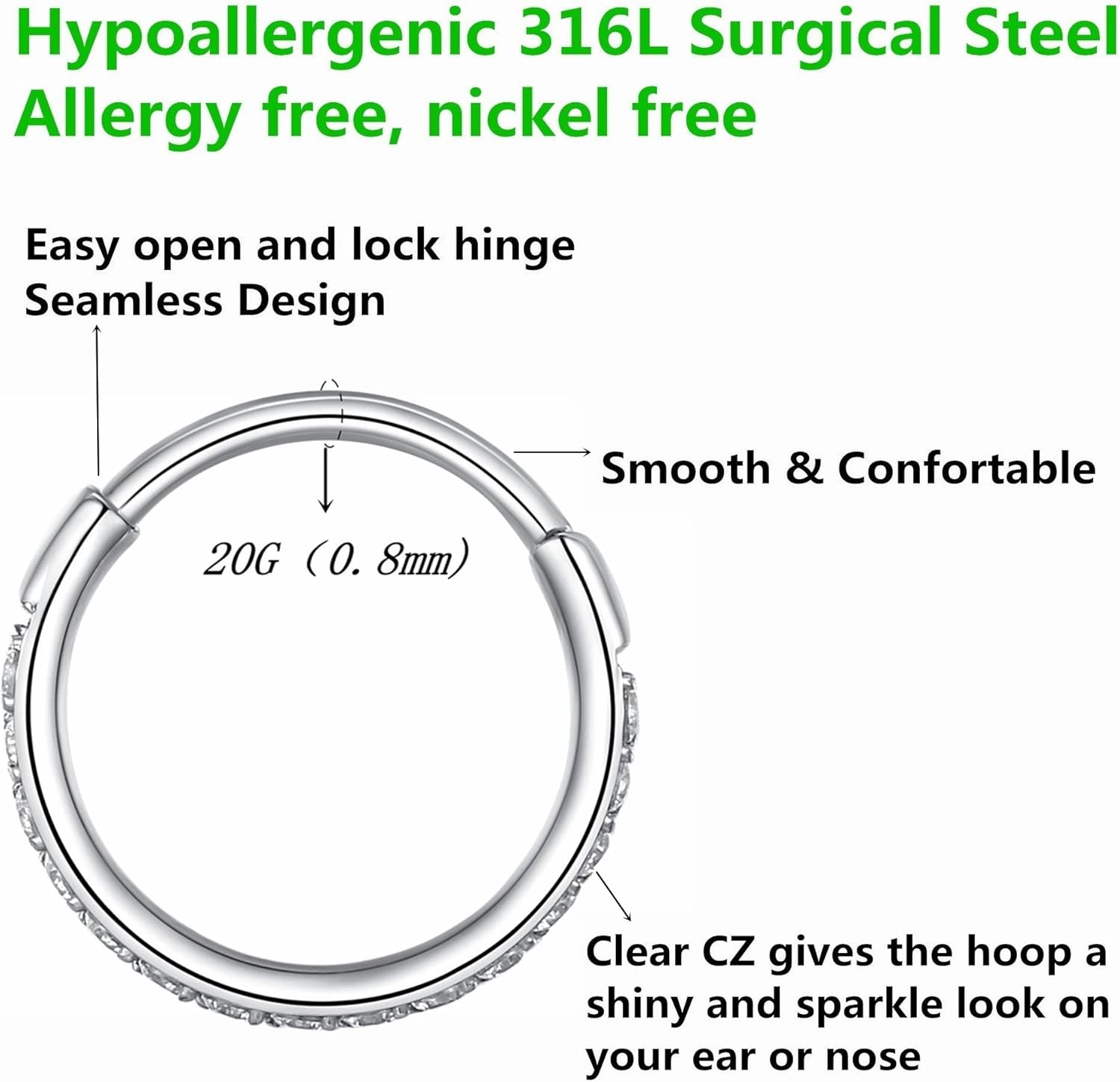 Clear CZ Nose Rings & Earrings - 316L Surgical Steel - Cartilage, Conch, Daith, Helix, Rook, Tragus, Lobe & Snug Body Piercing Jewelry - 20G, 18G - Image 2