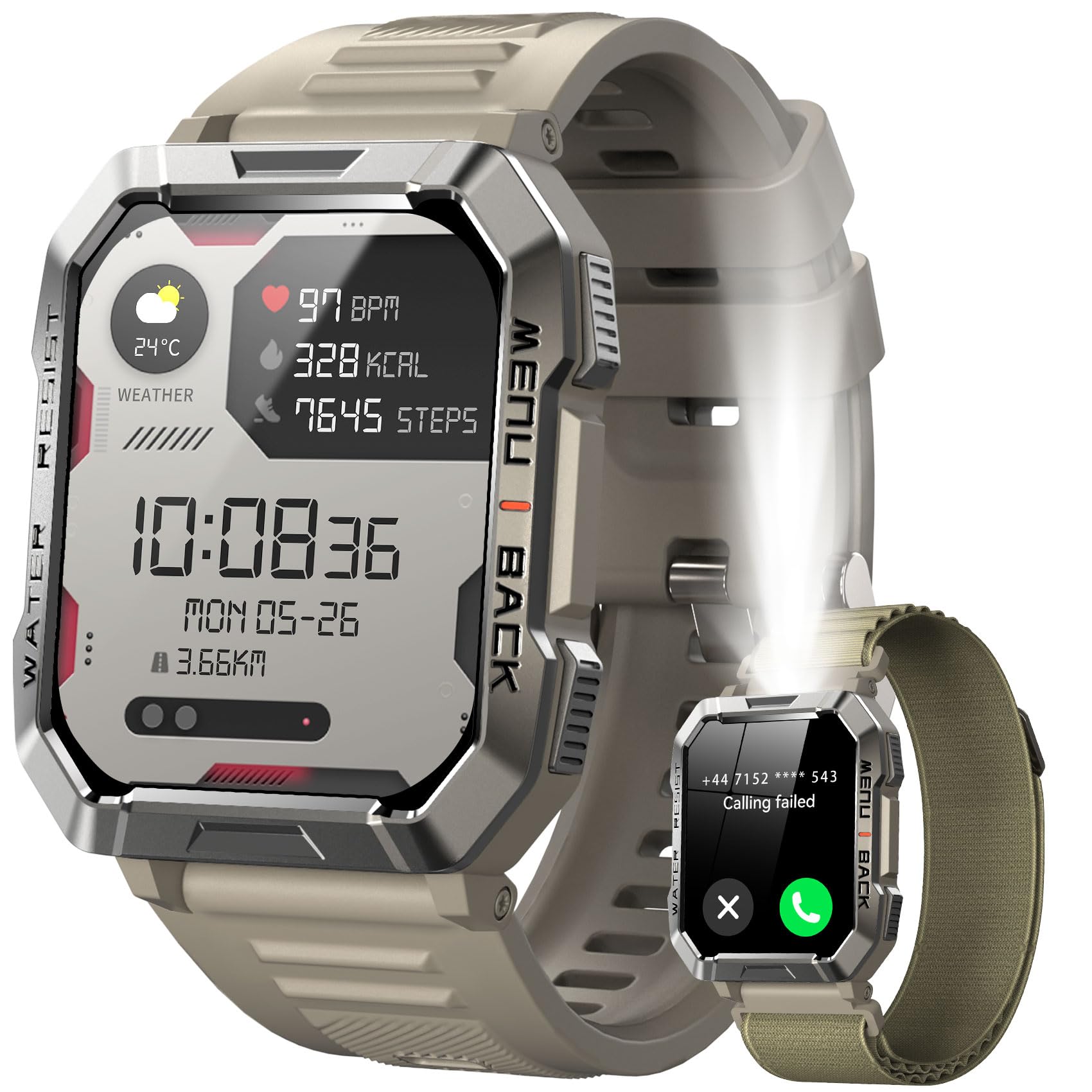 IOWODO Smartwatch Uomo,2.01“ Militari Smart Watch con Chiamate,Orologio Fitness Tracker con Torcia,100+ Modalità Sport Smart Watch con Contapassi/24H Cardiofrequenzimetro/Sonno per Android iOS