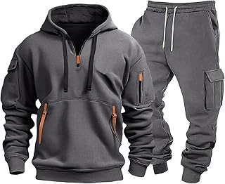 [Babsully] スウェット 上下 メンズ 裏起毛 ジャージ カーゴパンツ 2点セット フード付きパーカー 長袖 ハーフジップ 防寒 防風 大きいサイズ 冬用 防寒 暖かい あったかパーカー ズボン ポケット付き セットアップ スポーツウェア