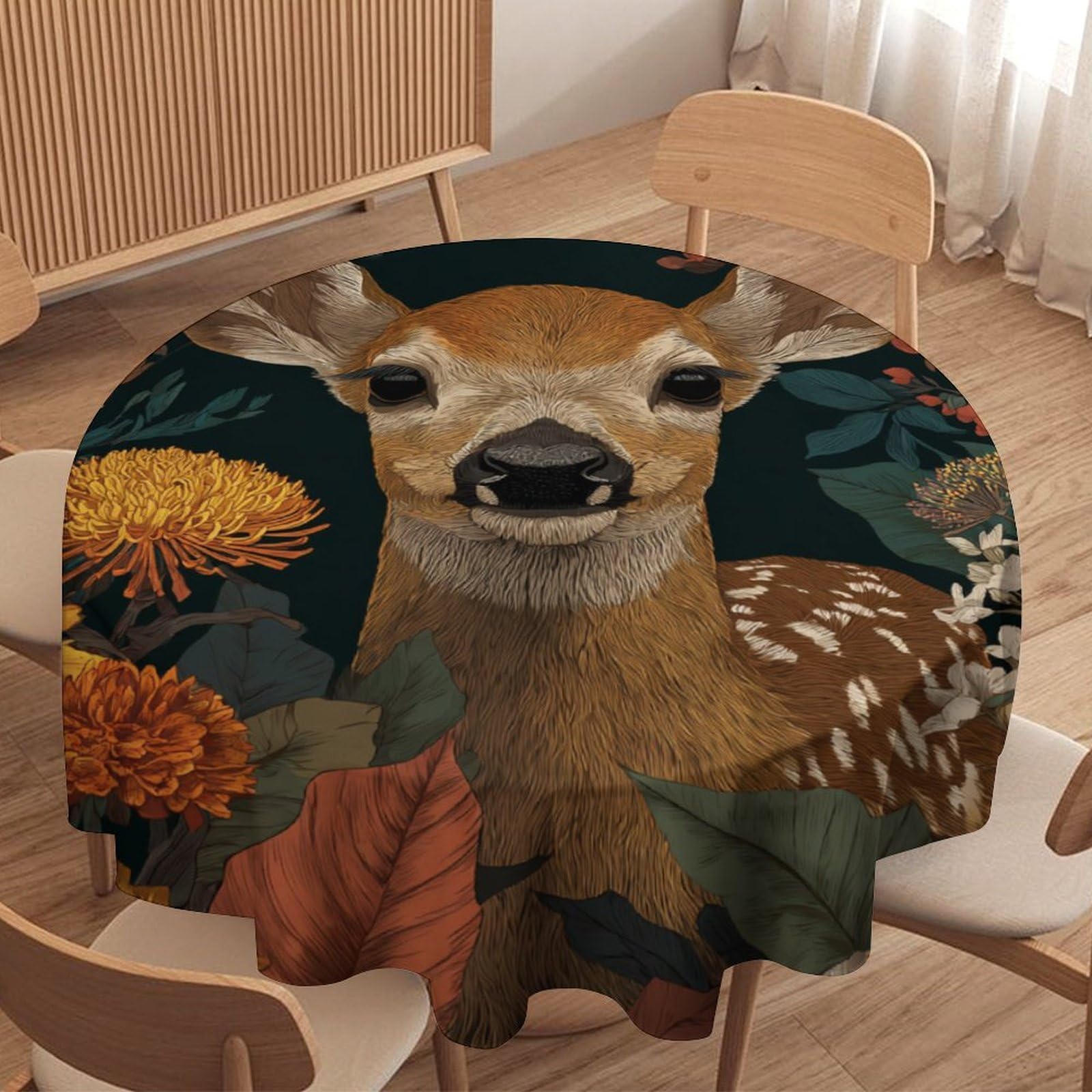 LUYYSKY Classic Vintage Cute Deer Round Tablecloth Retro Oil Painting William Morris Botanical Floral Animal Elk Washable Decor for Table Cover for Kitchen-177.8" Wx177.8 L cm