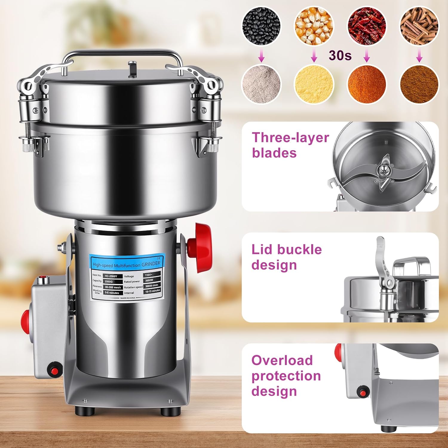 Grain Mill - 2500g High-Capacity Stainless Steel Grain Mill for Flour with 270° Swing for Easy Operation, Perfect for Kitchen and Coffee Shop to Grind Grains and Corn Efficiently