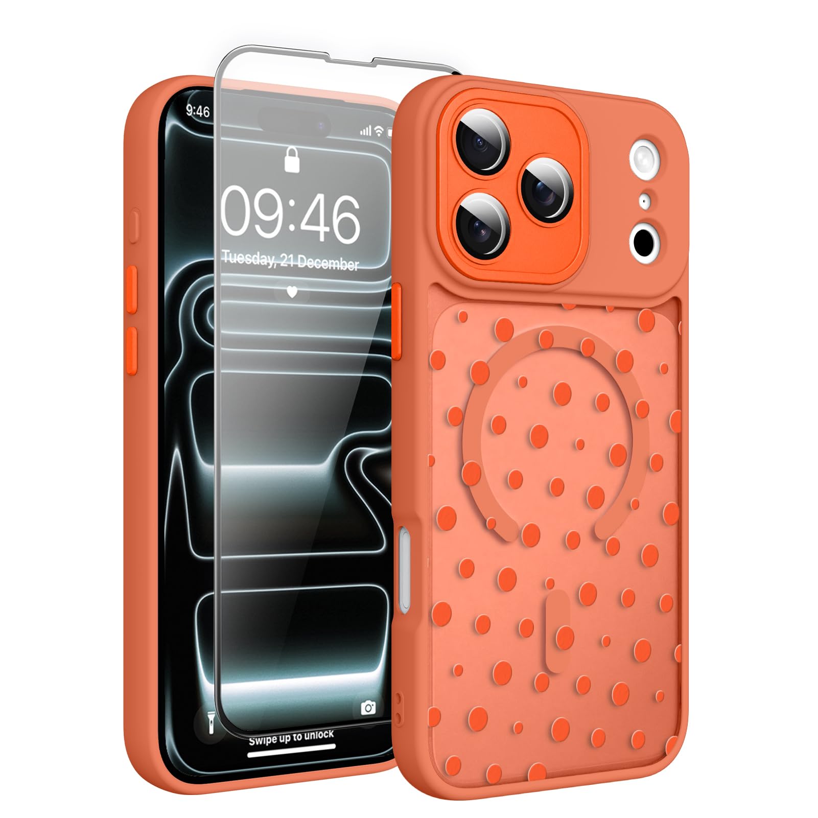 Magnetic for iPhone 17 Pro Case with Screen Protector [Compatible with MagSafe] Pretty Polka Dot Pattern Design, Shockproof Slim Cover for Women Girls, Orange