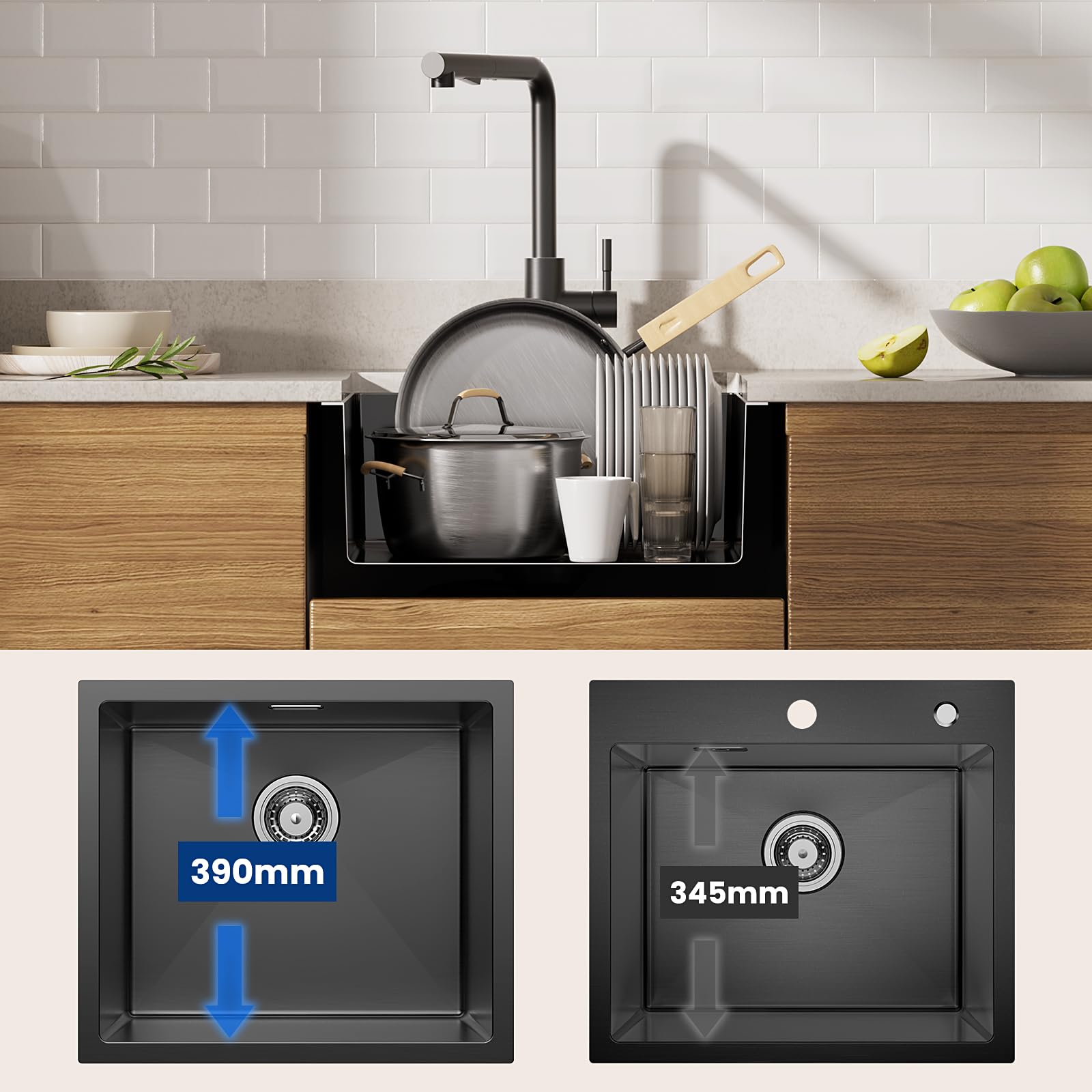 CECIPA Lavello Nero Antracite 50x44cm, Lavello Cucina in Acciaio Inox Angolare, Lavello Cucina in Acciaio Inox Lavello da Incasso Piccolo incluso Sifone, Lavabo Cucina da 50cm di Altezza senza