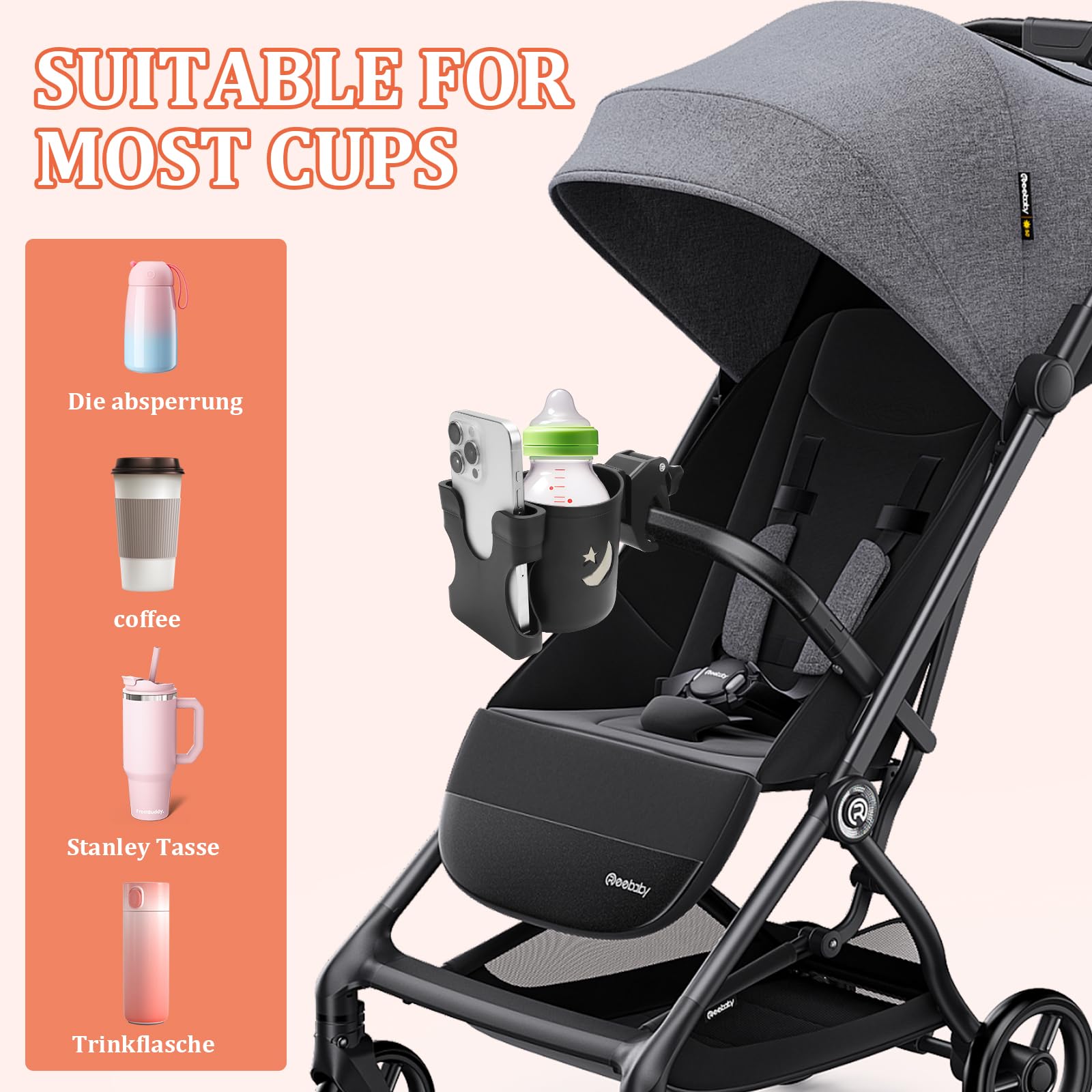 Soporte para bebidas del cochecito de bebé con funda para móvil Universal 2 en 1 Soporte para vasos Soporte para café Soporte para bebidas con 2 ganchos para cochecito de bebé, bicicletas