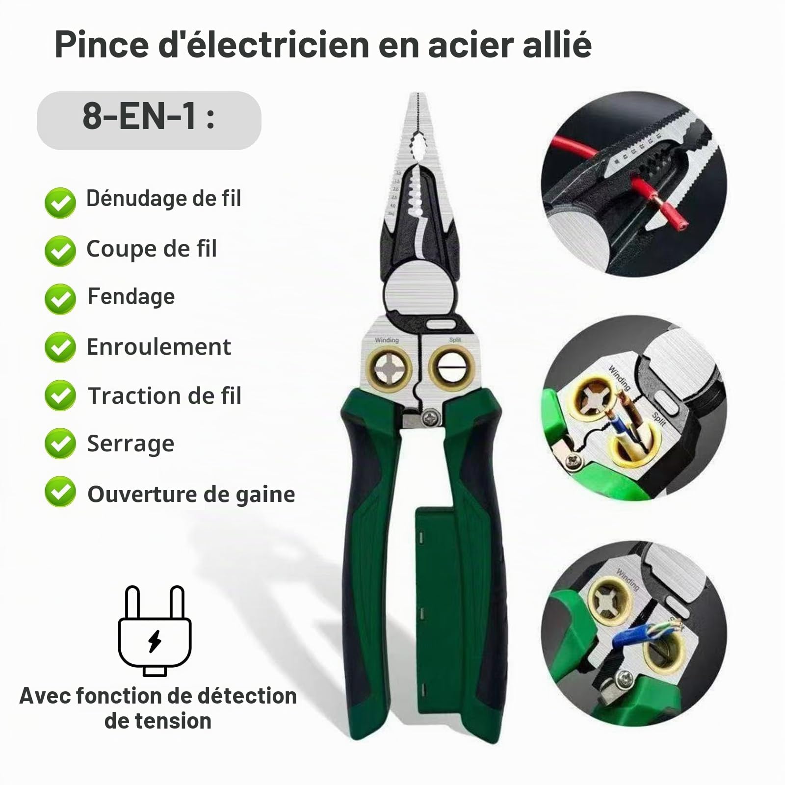 Pince à Dénuder 8 en 1 avec Testeur de Tension | Outil Multifonction Électricien pour Couper, Câbler, Tirer les Fils | Ciseaux à Câble avec Détection de Sécurité
