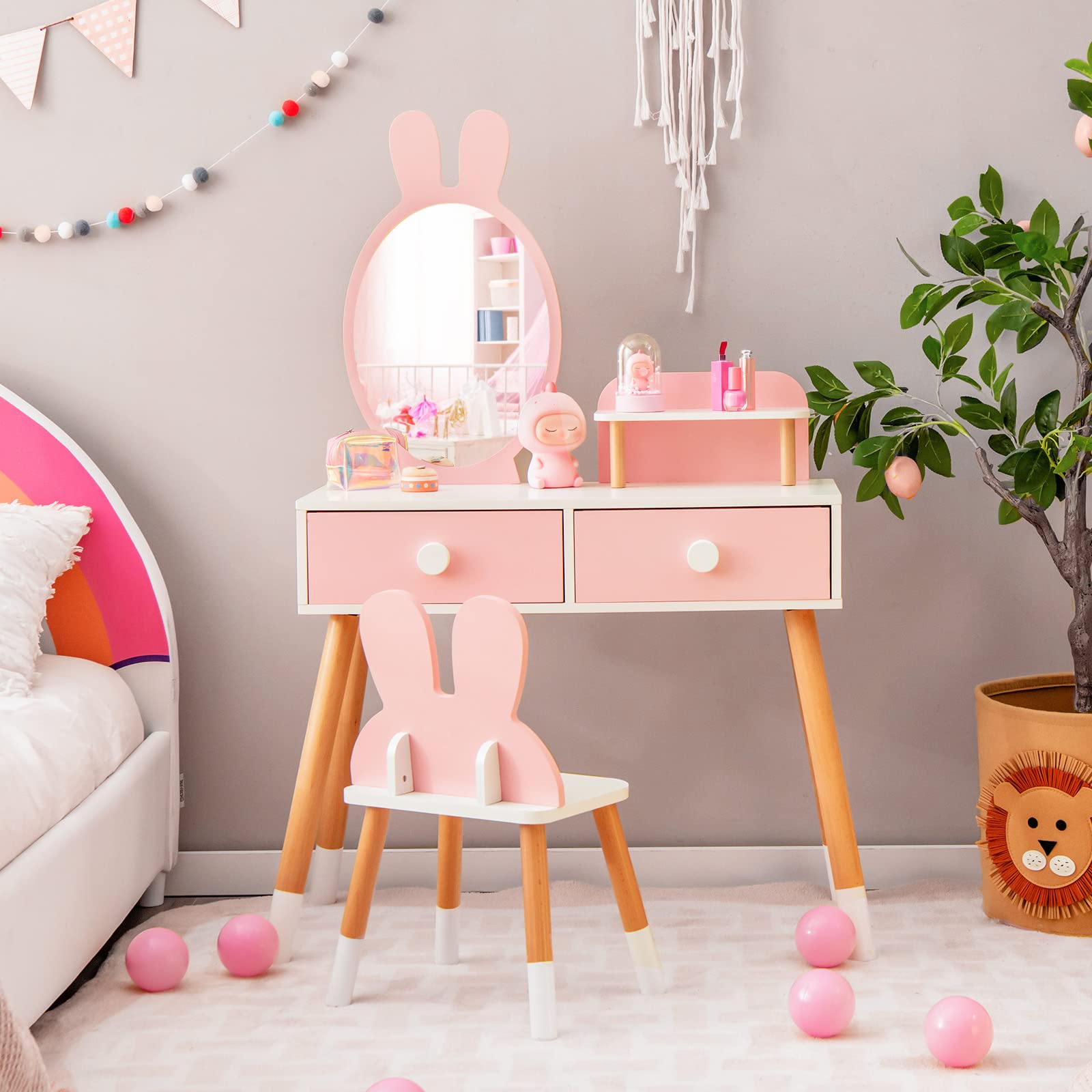 COSTWAY Tocador de Maquillaje de Princesa para Niña, Juego de Mesa y Silla, Escritorio Espejo 2 en 1 para, 2 Cajones y Estante, Juego de Tocador con Patas de Madera Maciza (Rosa)