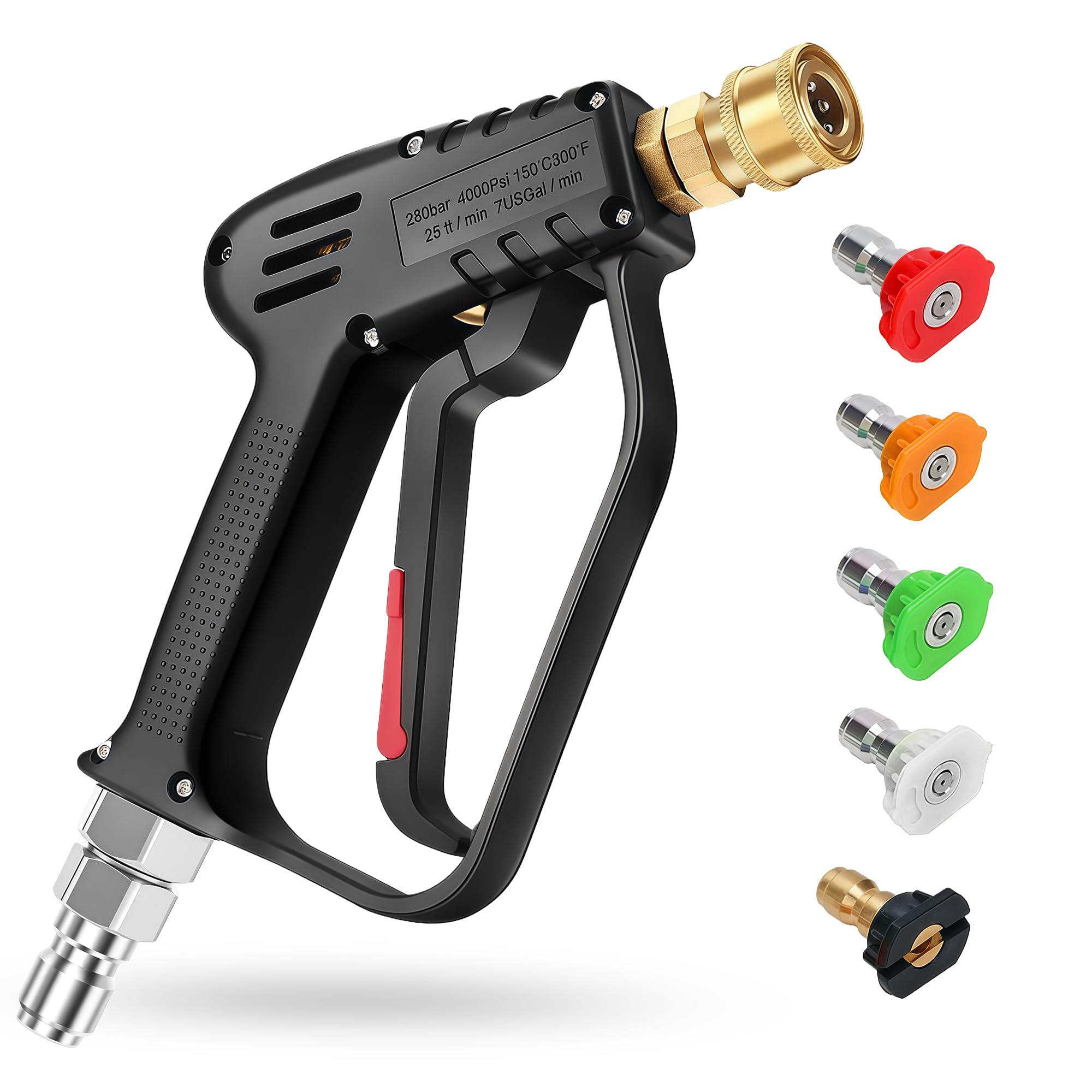 Short Pressure Washer Gun with Swivel, High Pressure Water Handle, Anti-Tangle Design, Max 4000 PSI with 5 Spray Nozzle Tips, 3/8'' Male Plug and M22-14/15mm Fittings for Car Detailing
