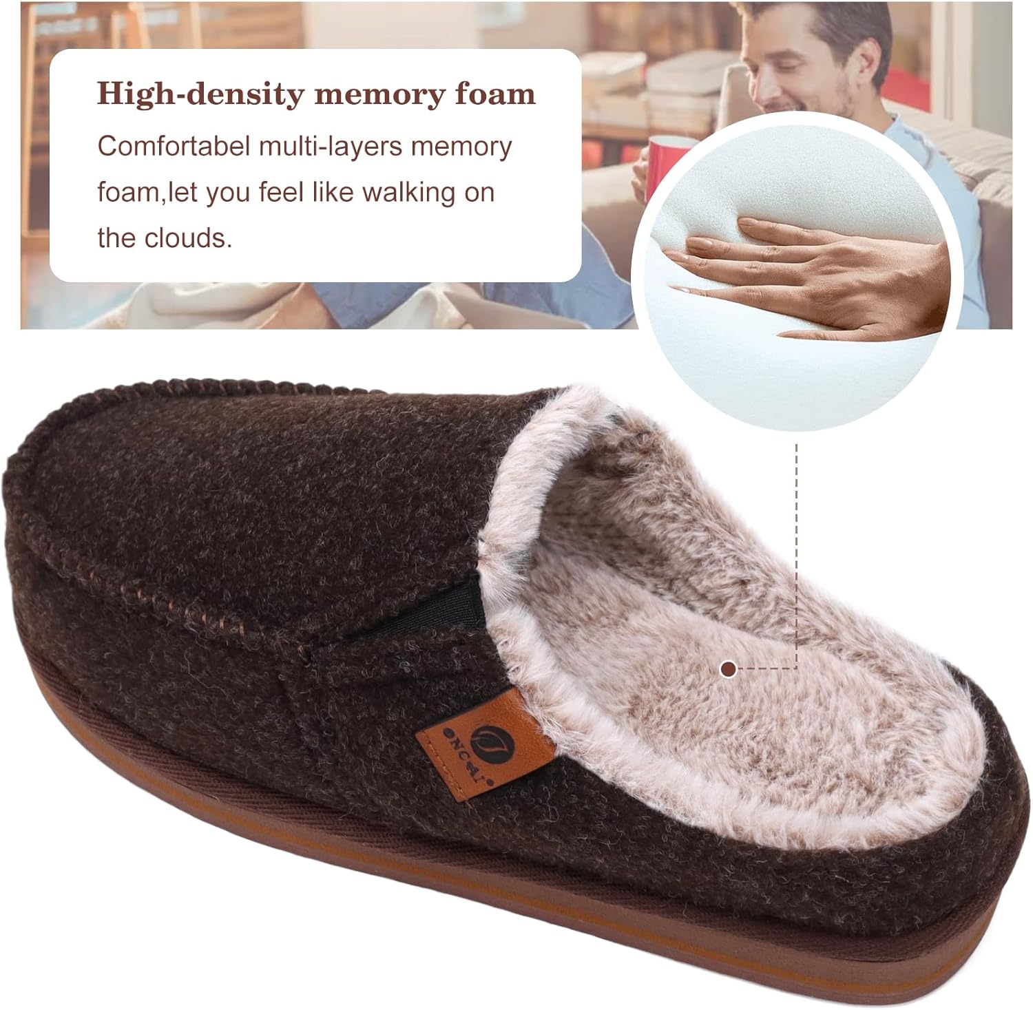 ONCAI Mens Slippers with Orthotic Arch Support,House Slippers Cotton-Blend High-Density Memory Foam Comfort Plantar Fasciitis Warm Slip-on Indoor Outdoor Rubber Sole Felt US Size 7-16 - Image 4