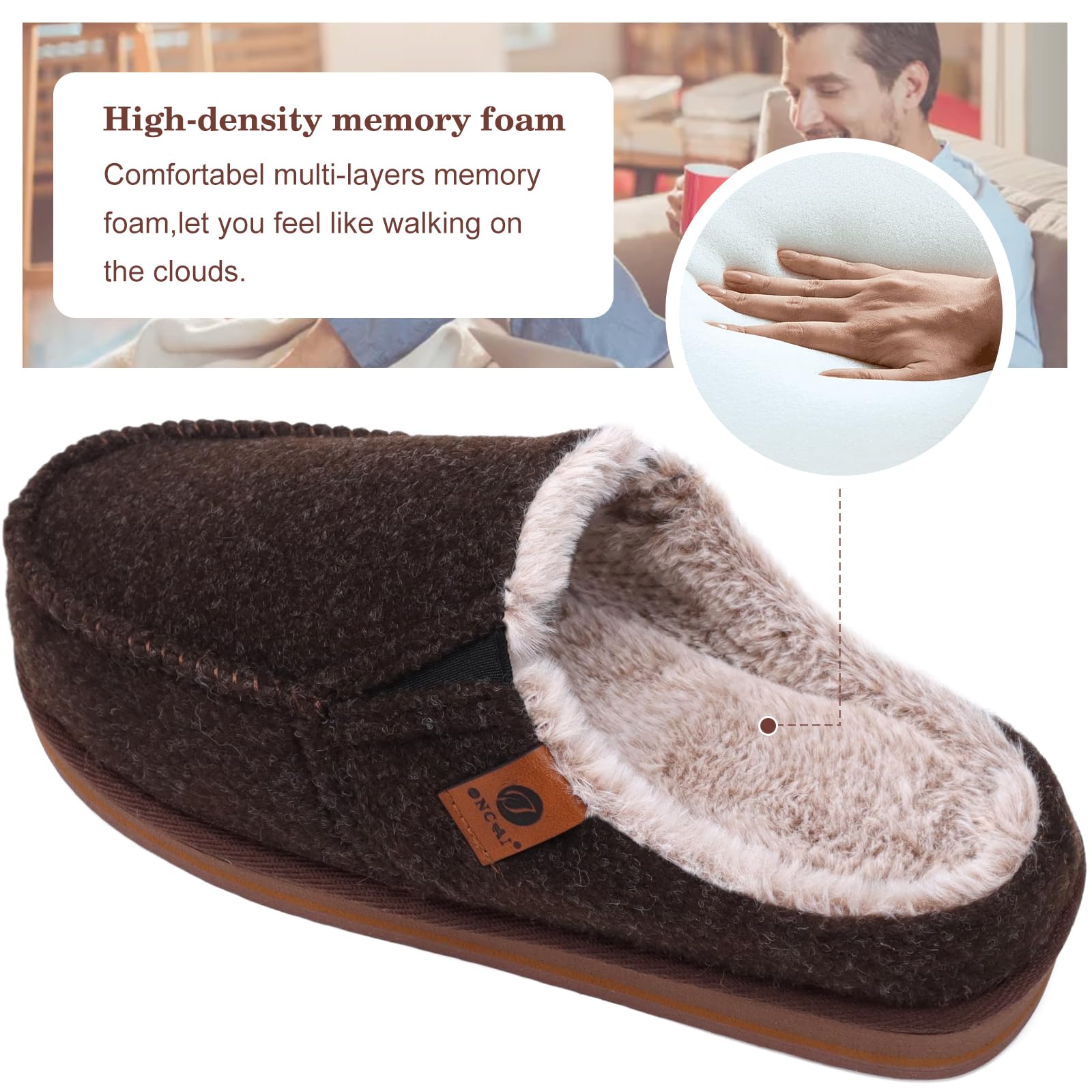 ONCAI Pantofole da Uomo in Comfort Pelo Cotone Strisce Ciabatte da Casa in Lana con Memory Foam Supporto Arco Suola in Gomma Taglia 40-50