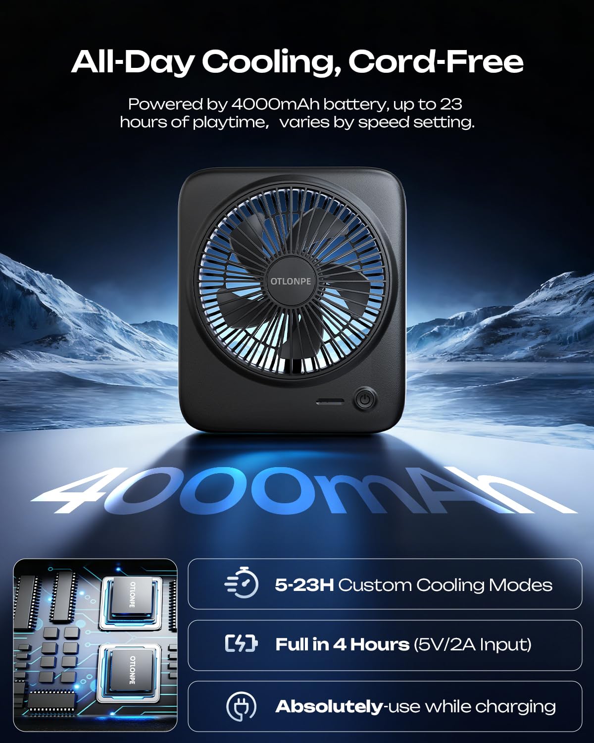 Otlonpe Ventilatore portatile da scrivania personale, confezione da 2, 4000 mAh, piccolo, ricaricabile, alimentato a batteria e USB, per viaggi, dormire, camera da letto, ufficio, casa, tavolo, senza