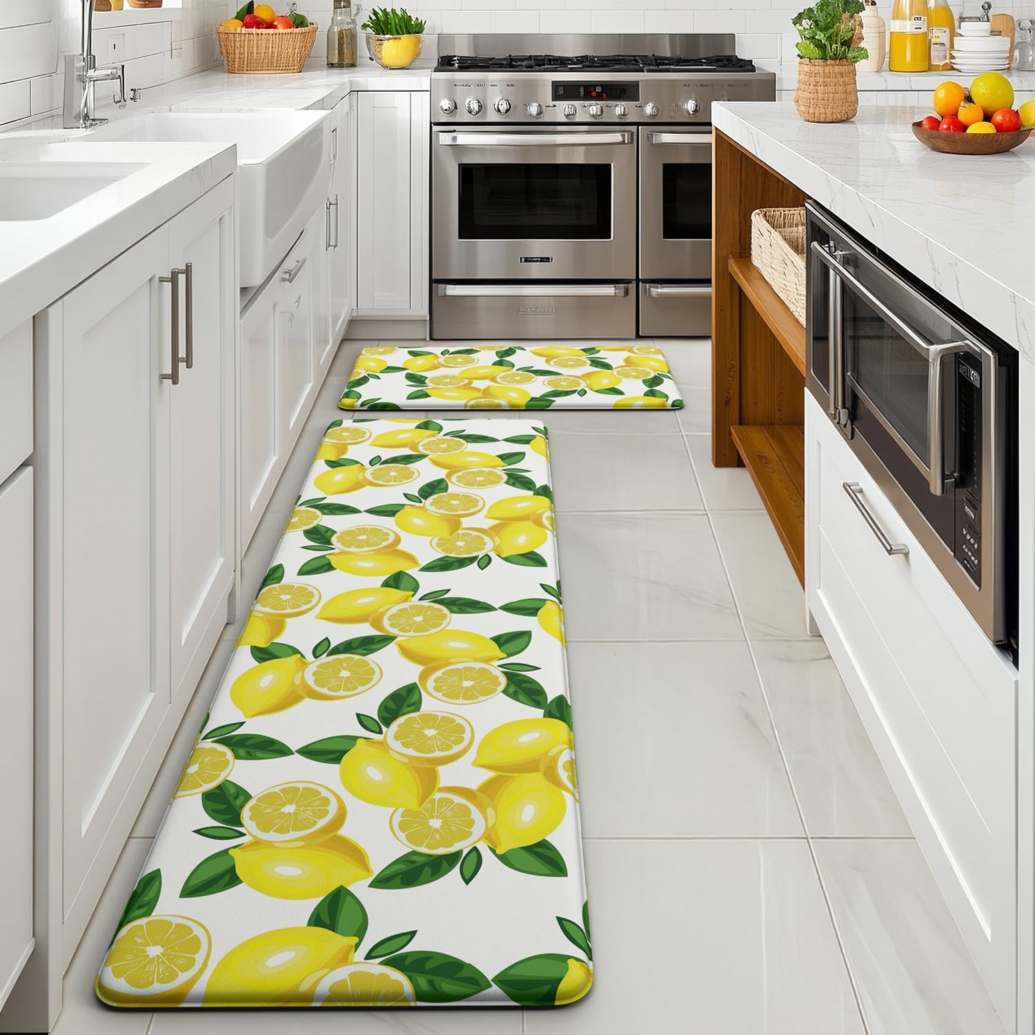 Lemon Kitchen Mats for Floor Set of 2 - Anti Fatigue Mats for Kitchen Floor, Cushioned Non-Skid Washable Memory Foam Rug for Office, Sink, Laundry (17.3"×29"+17.3"×47"-0.47") White