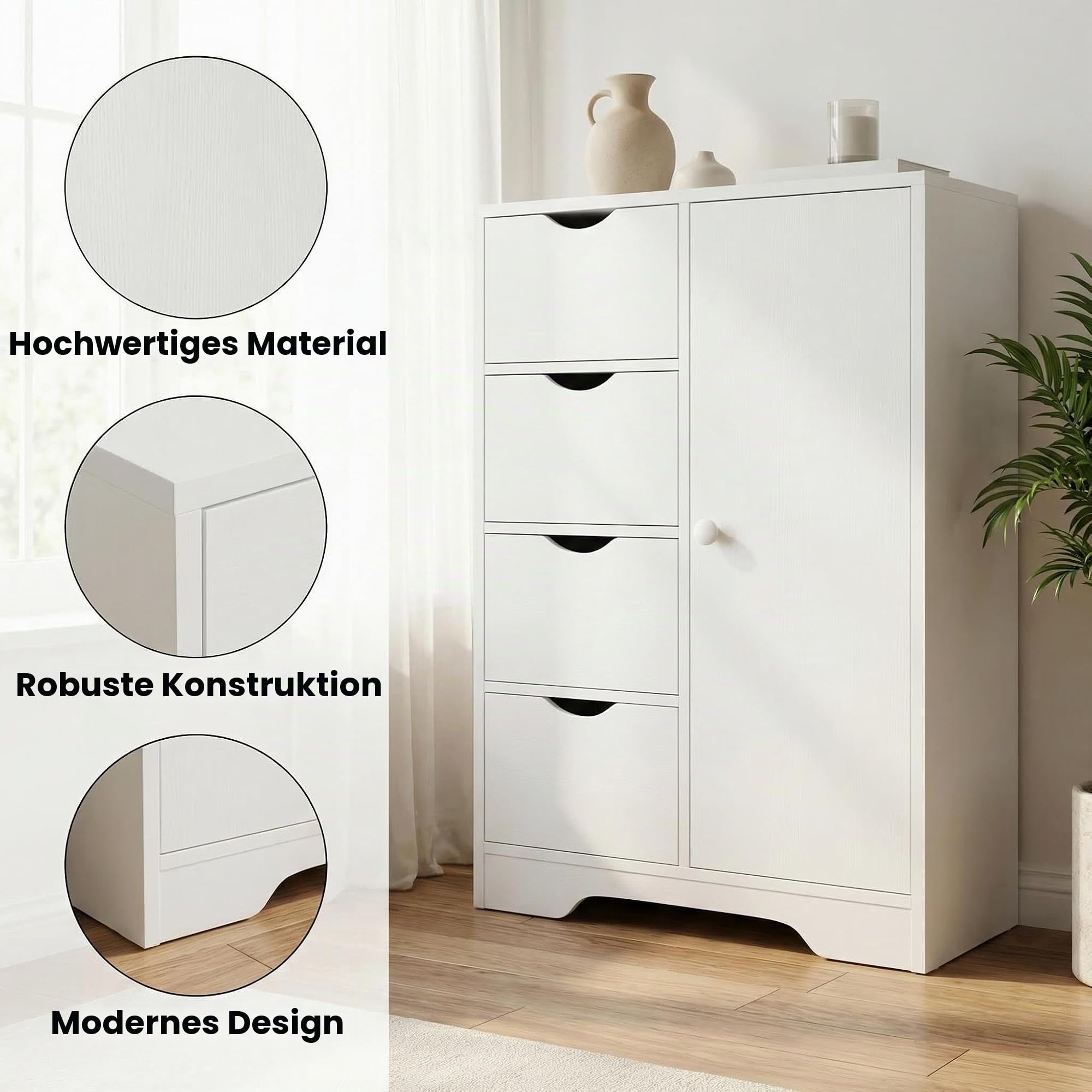 FurnitureR Kommode Weiß mit 4 Schubladen und Schrank, MDF Aufbewahrungsschrank mit Verstellbaren Regalböden, Schubladenschrank für Wohnzimmer Schlafzimmer Flur Büro, 55 x 30 x 82 cm