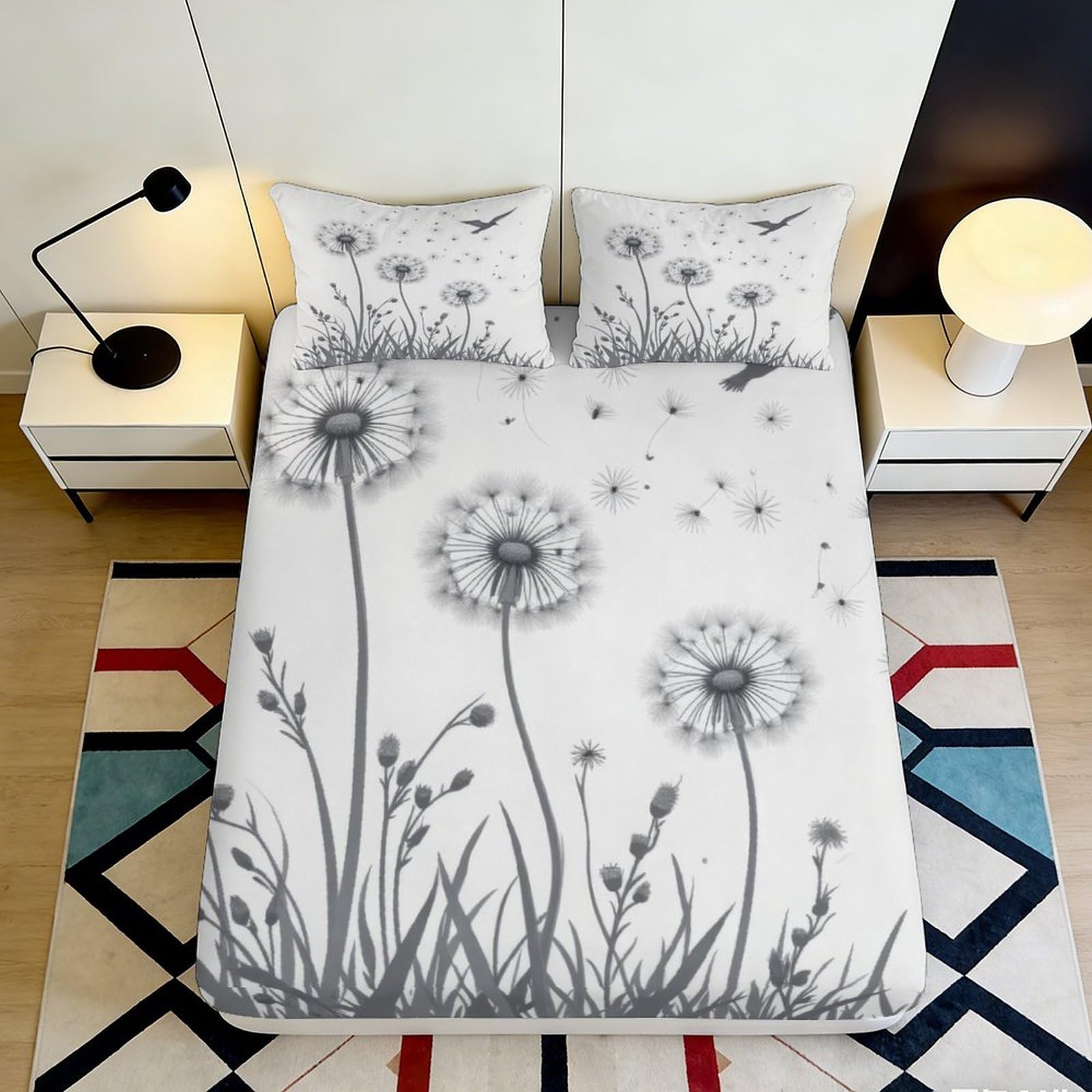 3D Printed Dandelion Meadow Fitted Sheet Microfiber Soft Grey Wildflower Bed Cover for Bedroom Dorm Decor Mattress Protection 90x200x25cm