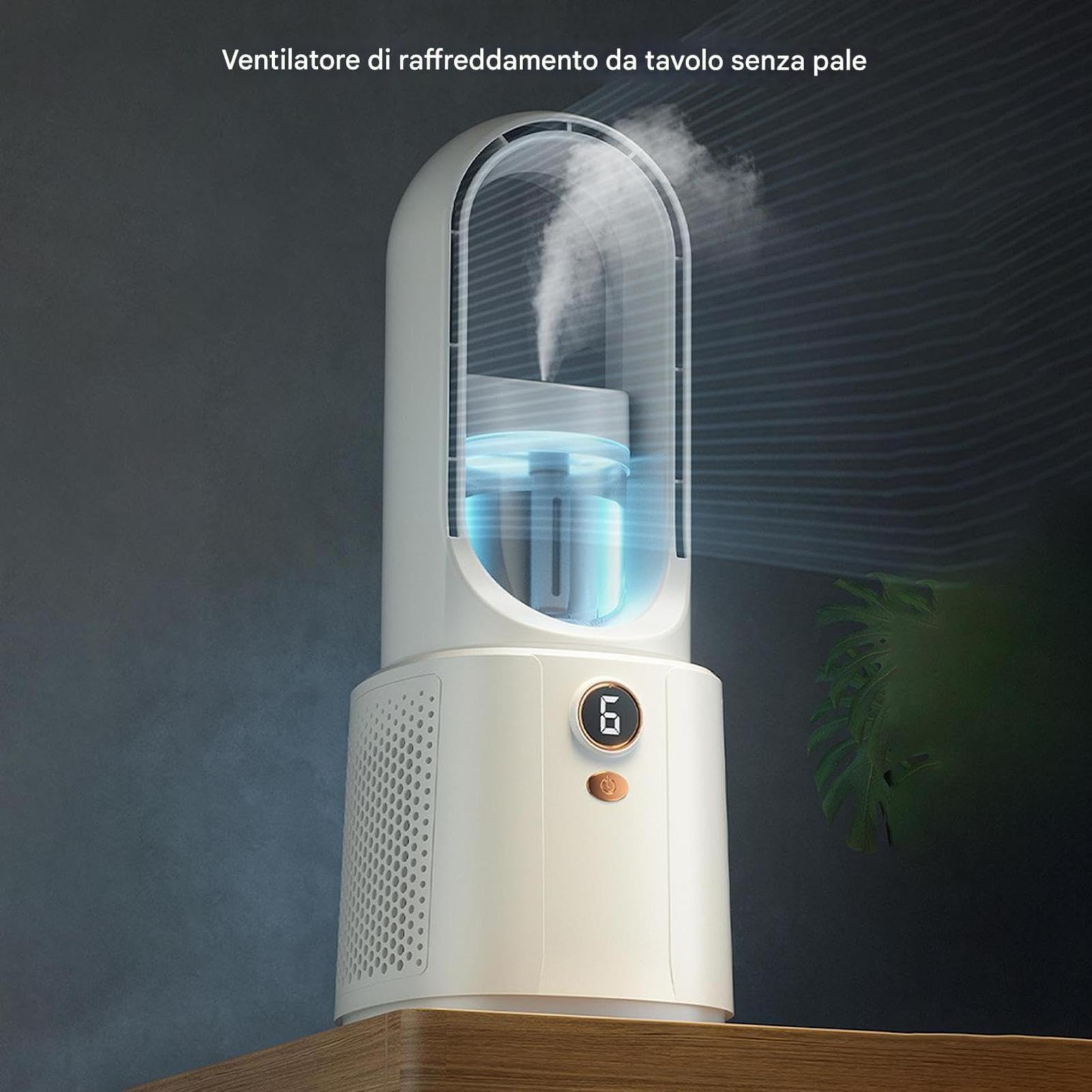 Ventilatore A Torre Silenzioso, 6 Velocità Ventilatore Senza Pale | umidificatore e ventilatore rinfrescante, Ventilatore a Piantana con Luce d’ambiente, USB, Per Casa e Ufficio