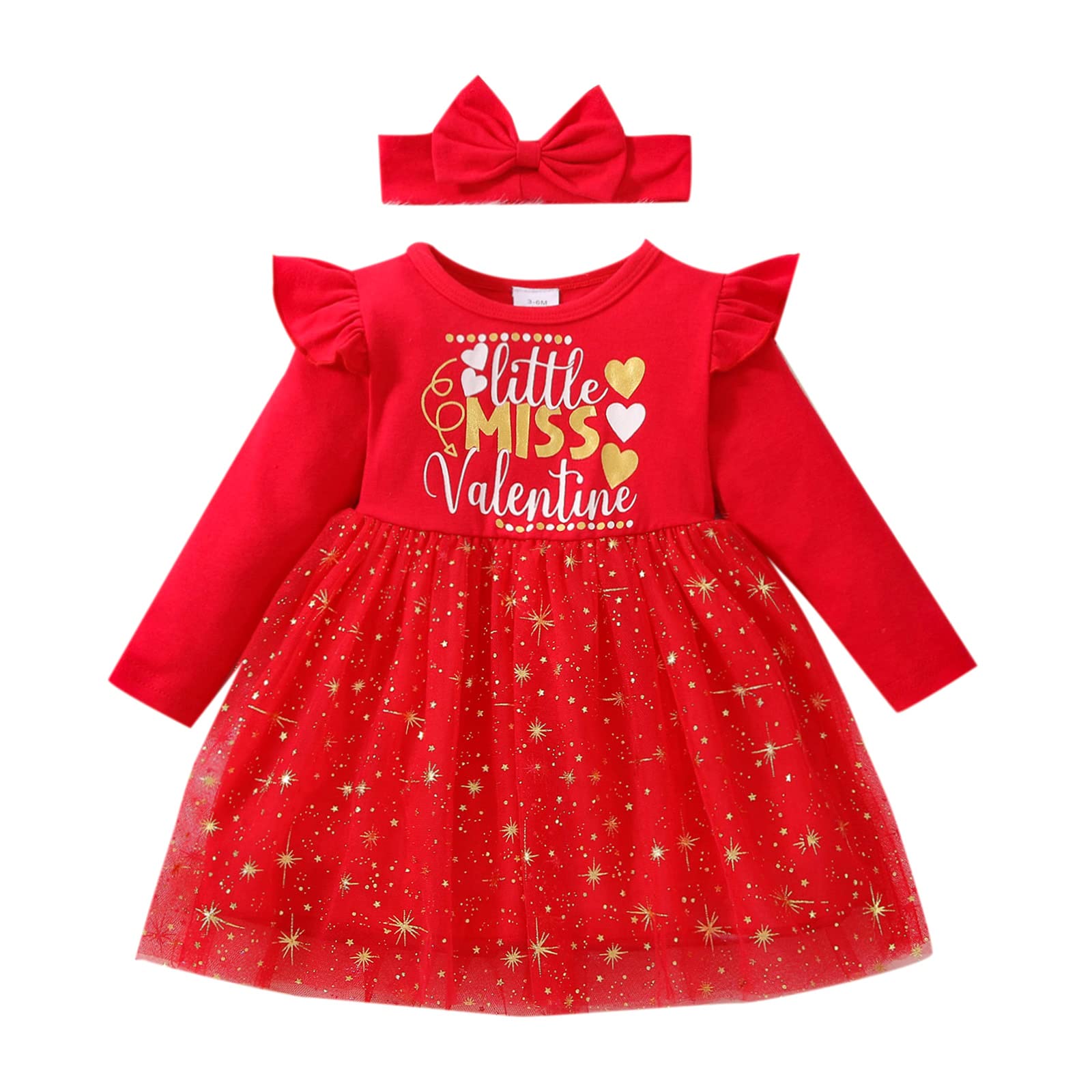 KnniMorning TEES Infant Baby Girl Valentine's Day Dress Toddler Girls Little Miss Valentine Ruffle Sleeve Mesh Dress Outfits (red,6-9 Months)