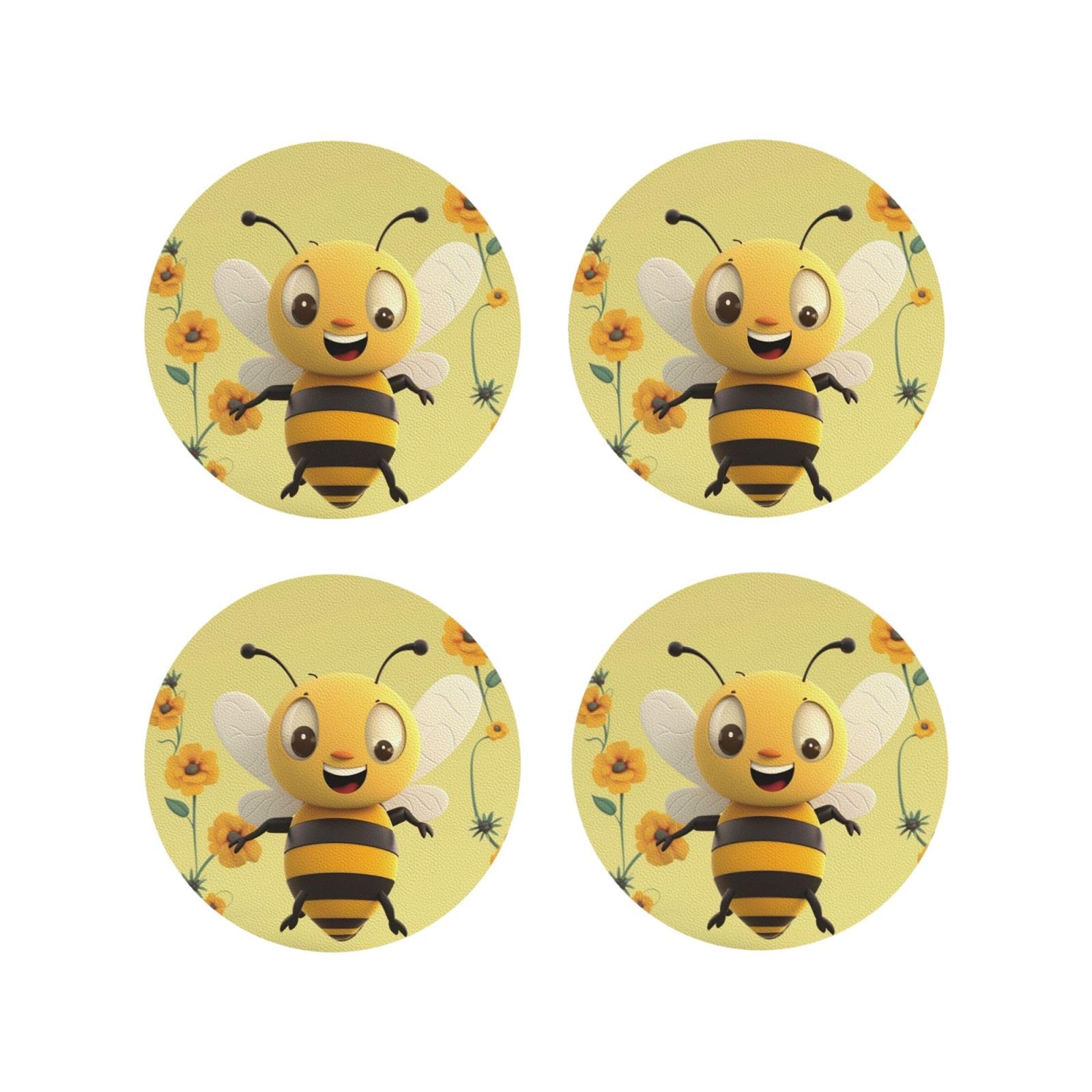 4pcs Drink Coasters for Tabletop Protection, 4" Leather Coasters for Drinks, Happy Bee Cup Coasters for Coffee Table Decor, Non-Slip Drinking Cup Mat for Hot Or Cold Drink