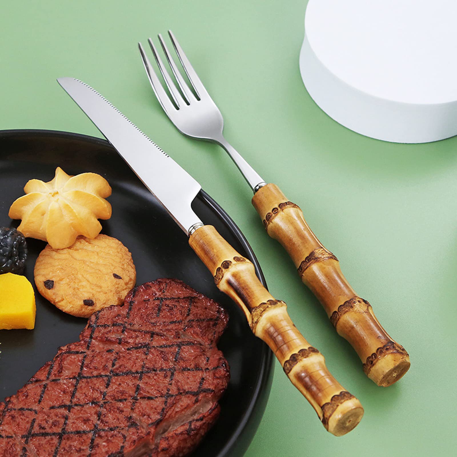 Juegos De Cubertería Juego De Vajilla De Bambú Vajilla Retro Con Mango Natural De Acero Inoxidable Cuchillos Para Carne Tenedor De Mesa Cuchara 30Uds.