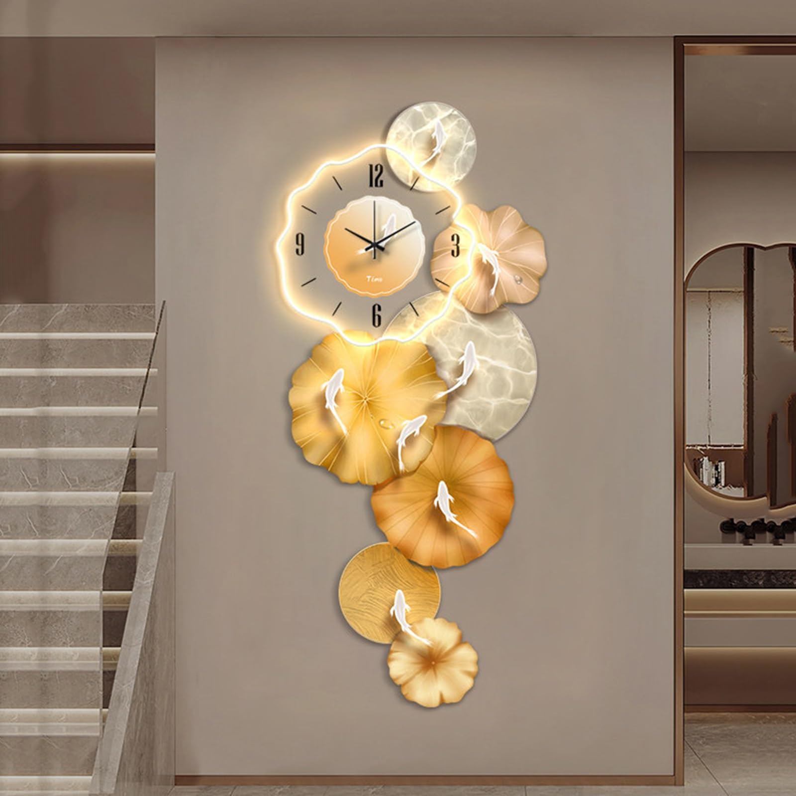 Crystal Porcelain Dekoracyjny Zegar Ścienny z Światłem 3D Wall Art Clock Decor Acrylic Crystal Porcelain Craft Mural Rzeźba Obraz Salon Sypialnia Biuro Korytarz(B,40 * 80CM)