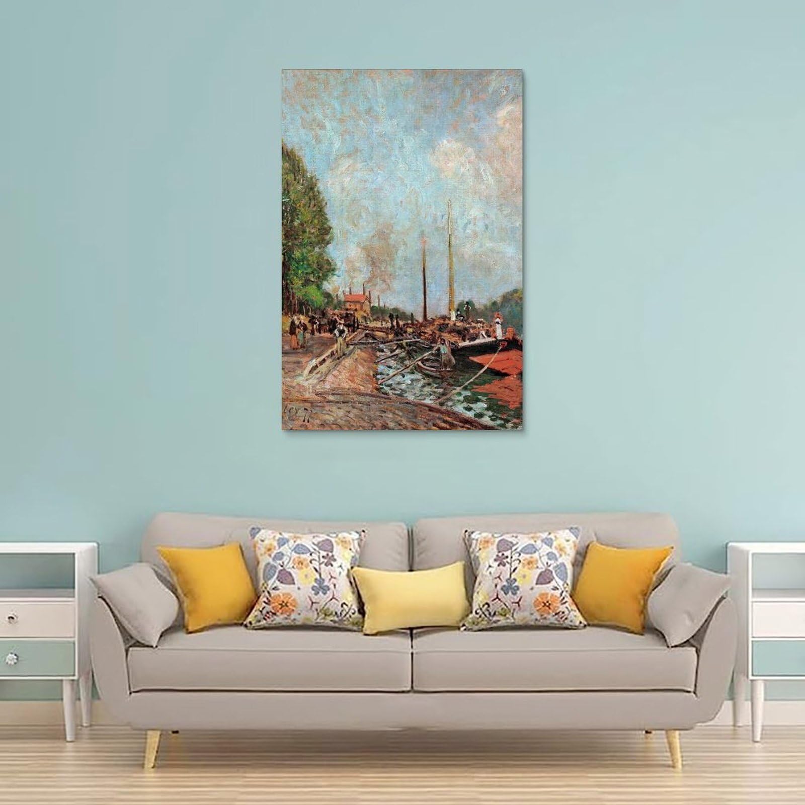 The Unloading of Barges at Billancourt by Alfred Sisley- Impresiones en lienzo modernas, pinturas decorativas para habitaciones de niños o niñas, murales para sala de estar y pinturas con motivos